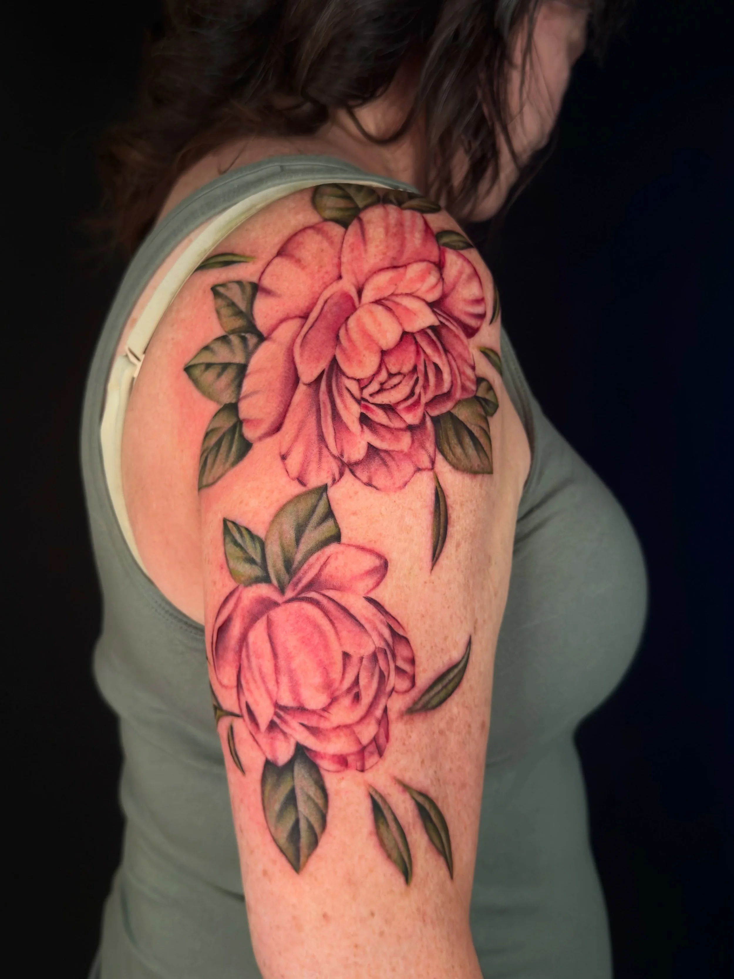 Soft &amp; sweet peonies 🌸

Made @palomatattoonh 

#floraltattoo #colortattoo #newhampshiretattooartist #littletonnh #newengland