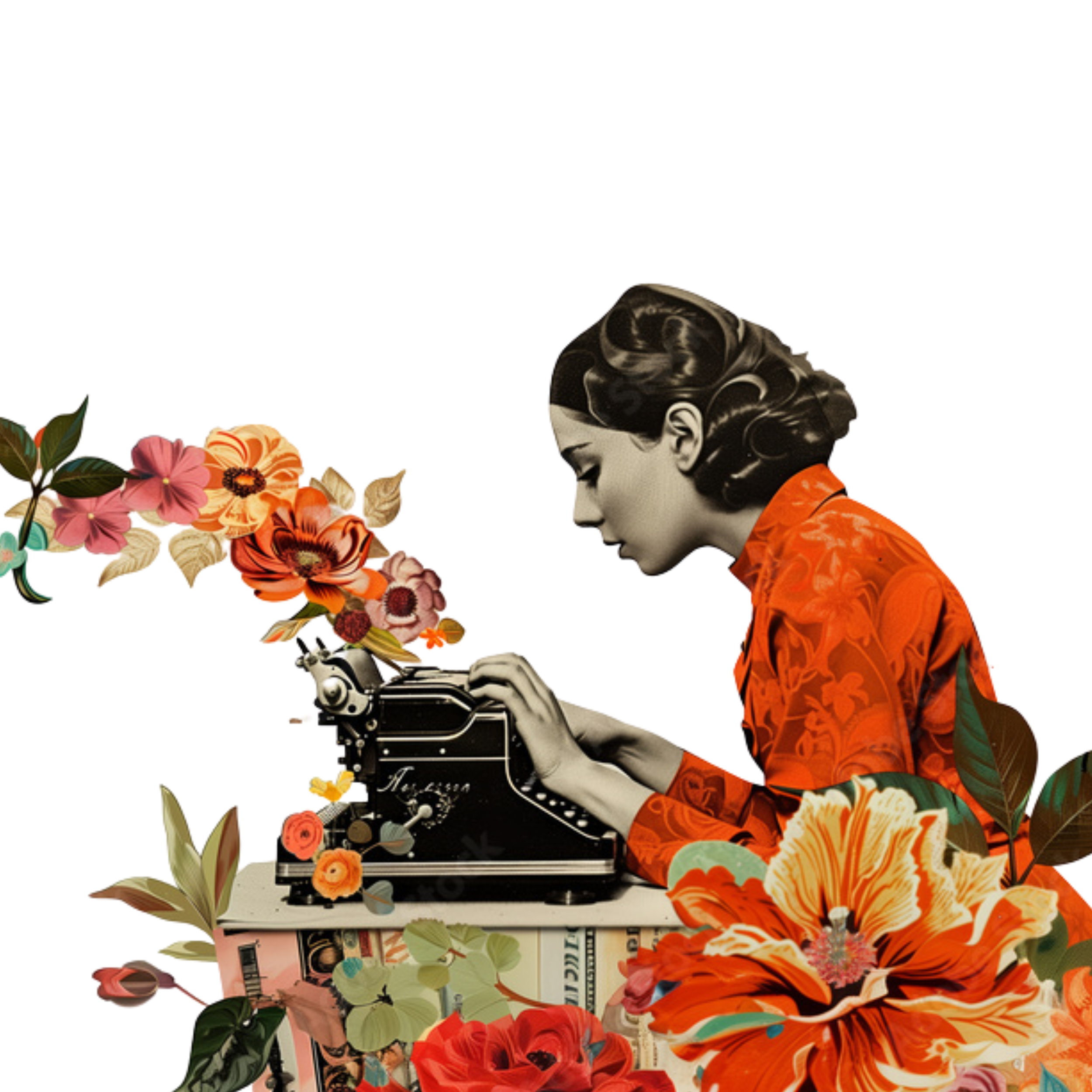Collage featuring a woman with styled hair playing a vintage typewriter, surrounded by colorful flowers and greenery.