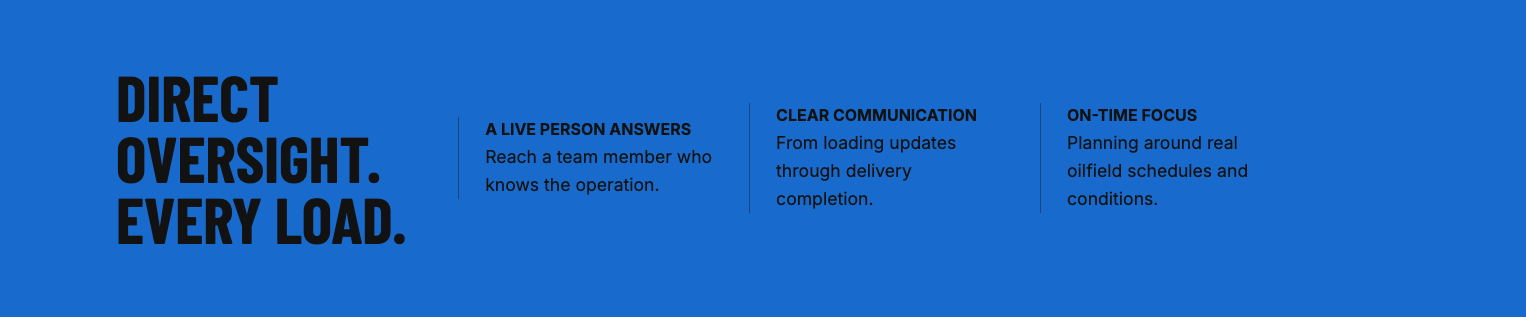 Blue infographic with black bold text stating 'Direct Oversight. Every Load.' and three sections titled 'A Live Person Answers', 'Clear Communication', and 'On-Time Focus', providing descriptions related to oilfield operation management.