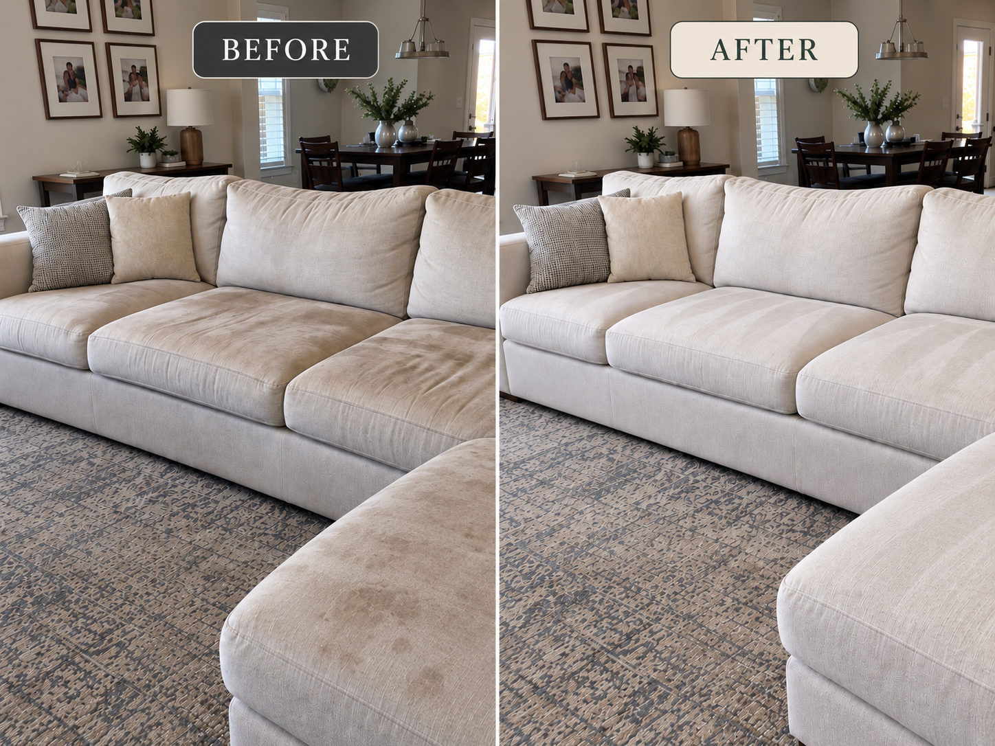 Before-and-after comparison of a cream sectional sofa showing stained cushions cleaned to a brighter, refreshed appearance in a living room