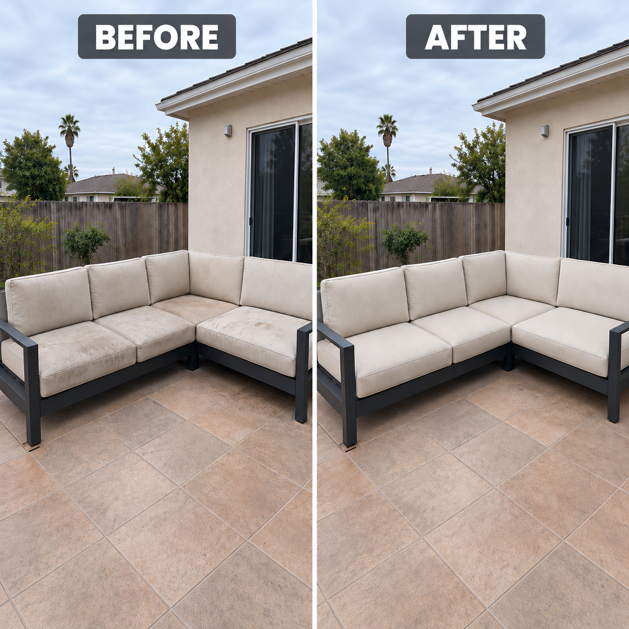 Before-and-after comparison of a cream outdoor sectional sofa with stained cushions cleaned to a brighter finish on a tiled patio.