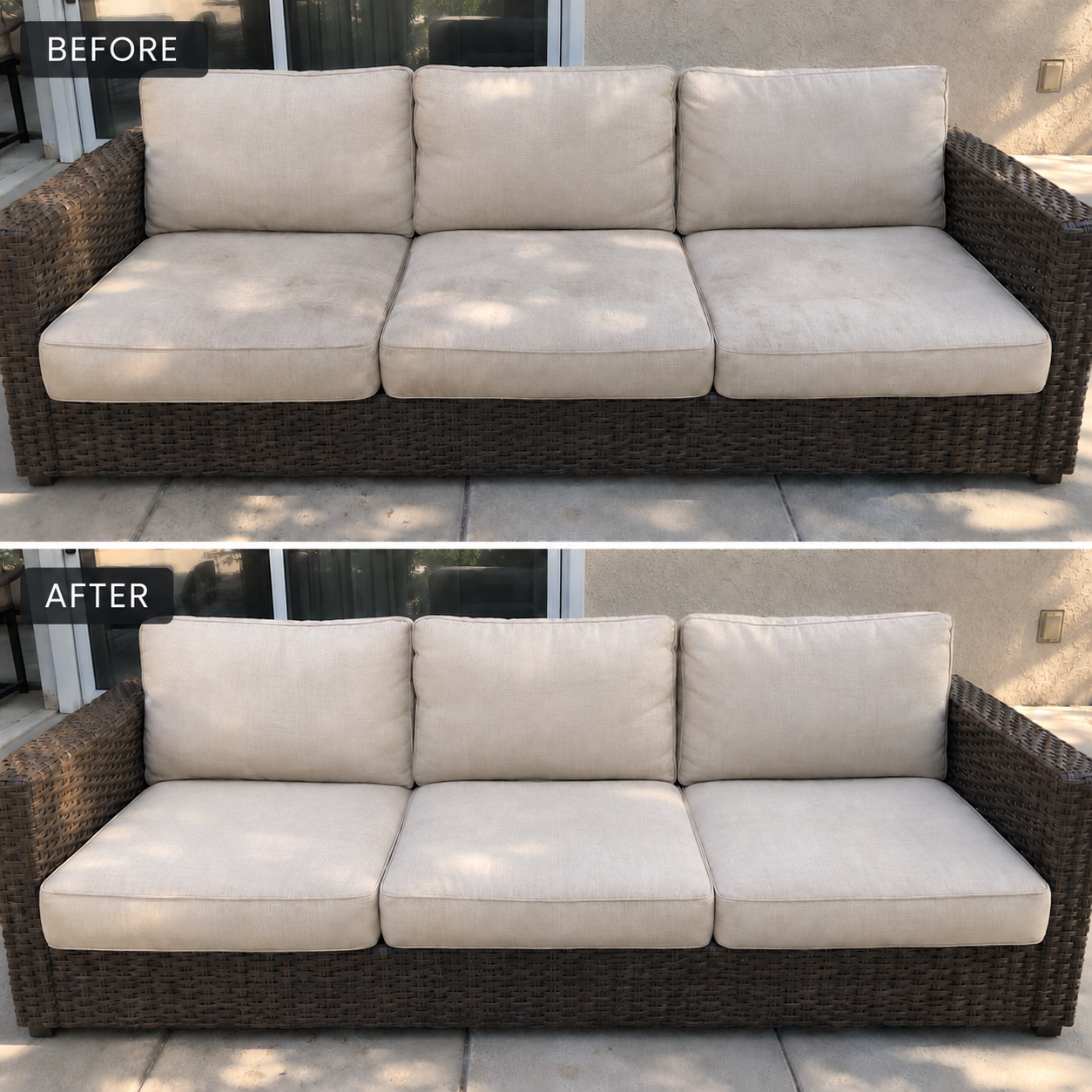 Before-and-after comparison of a cream-cushioned wicker outdoor sofa before and after cleaning