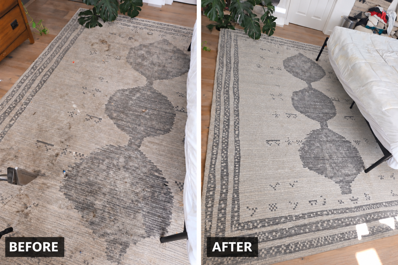 Before-and-after comparison of a dirty and professionally cleaned gray patterned area rug in a bedroom