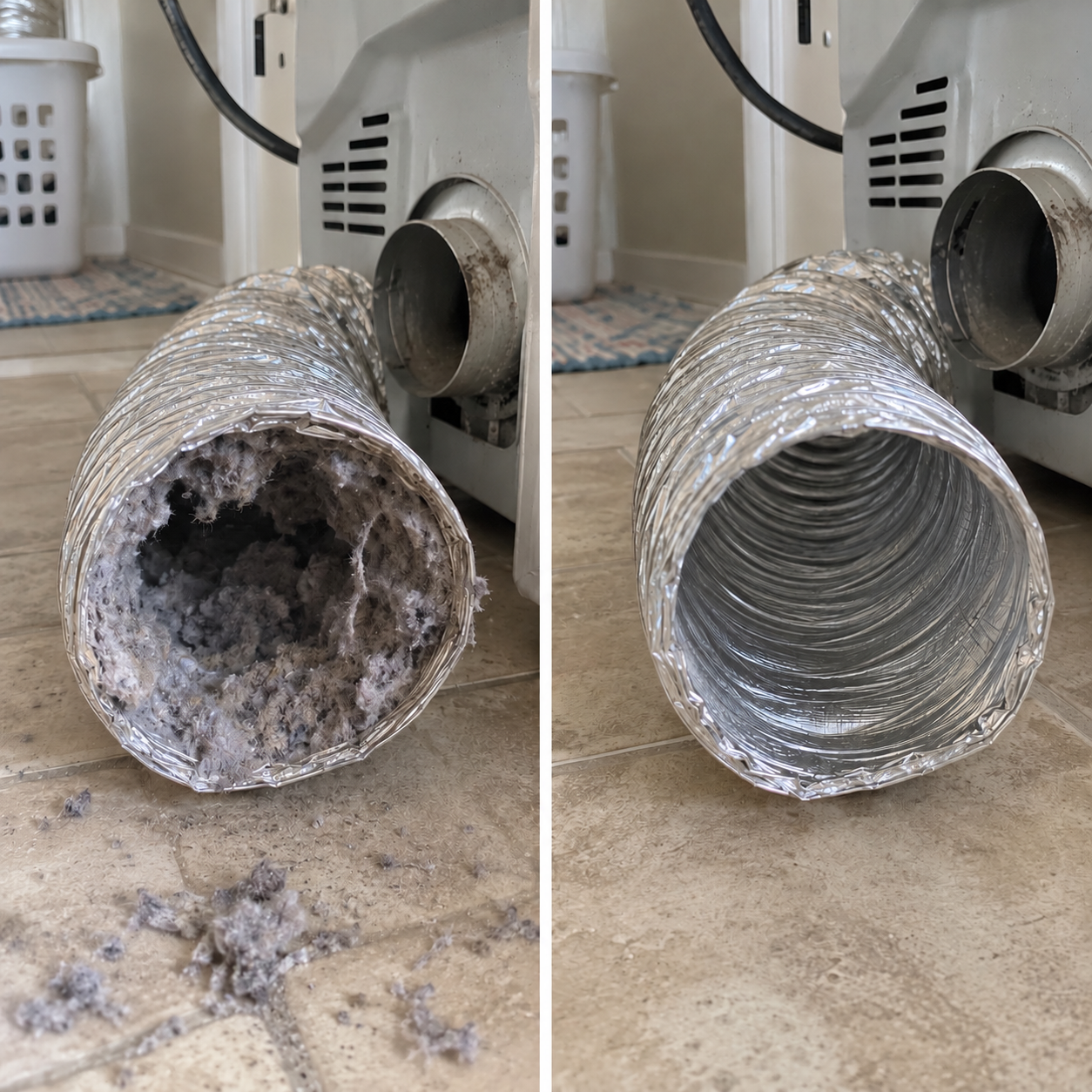 Before-and-after comparison of a dryer vent hose, showing lint buildup before cleaning and a clean hose afterward.