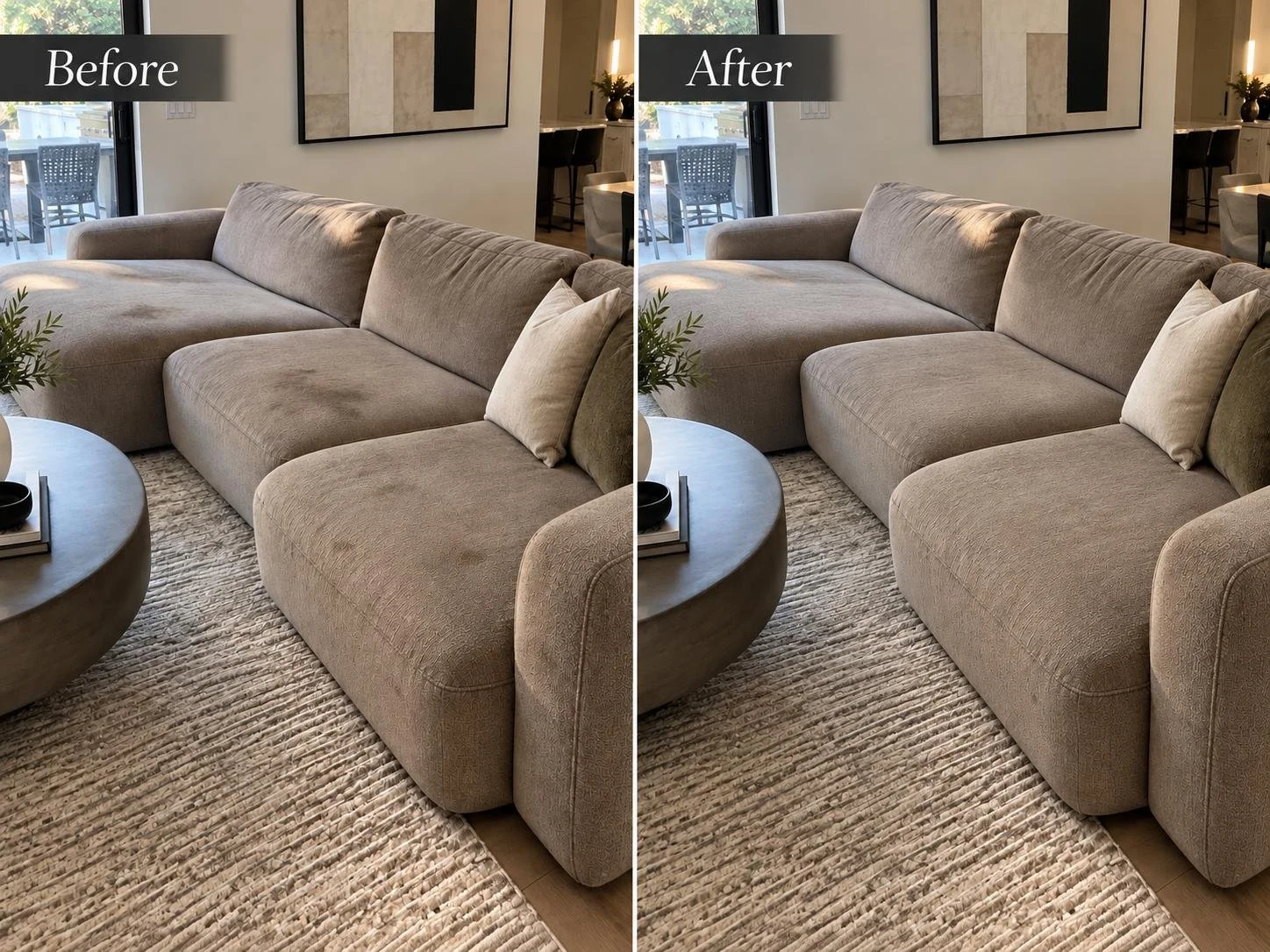 Before-and-after comparison of a plush beige sectional sofa in a modern living room.