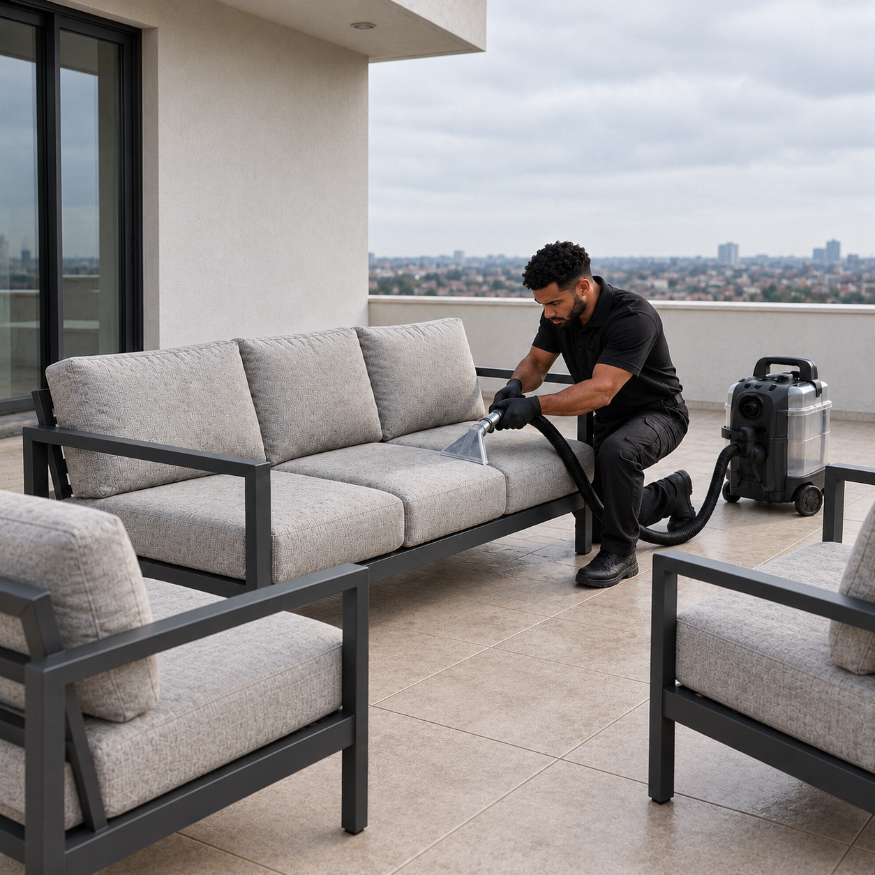 Technician deep cleaning an outdoor sofa with matching patio armchairs