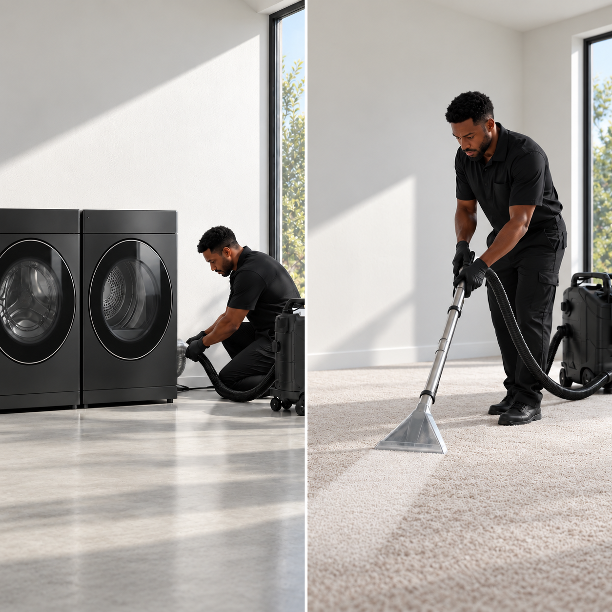 Technician cleaning a clothes dryer vent and deep cleaning a carpet
