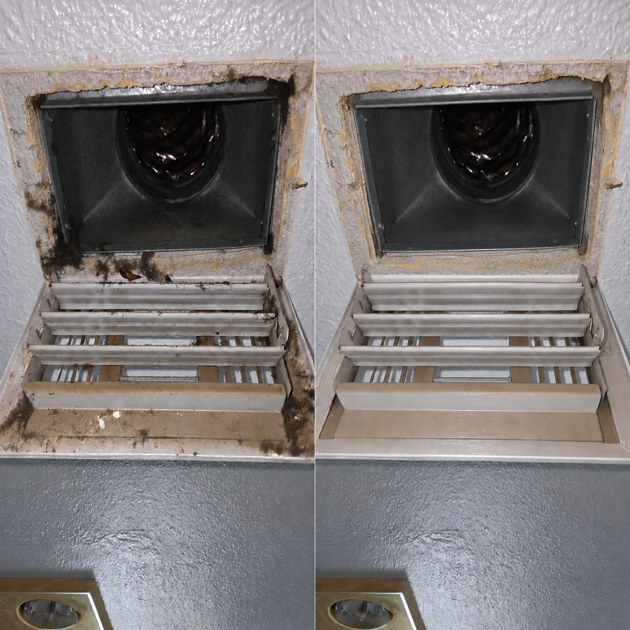 Before-and-after comparison of a dusty air vent and the same vent after cleaning.