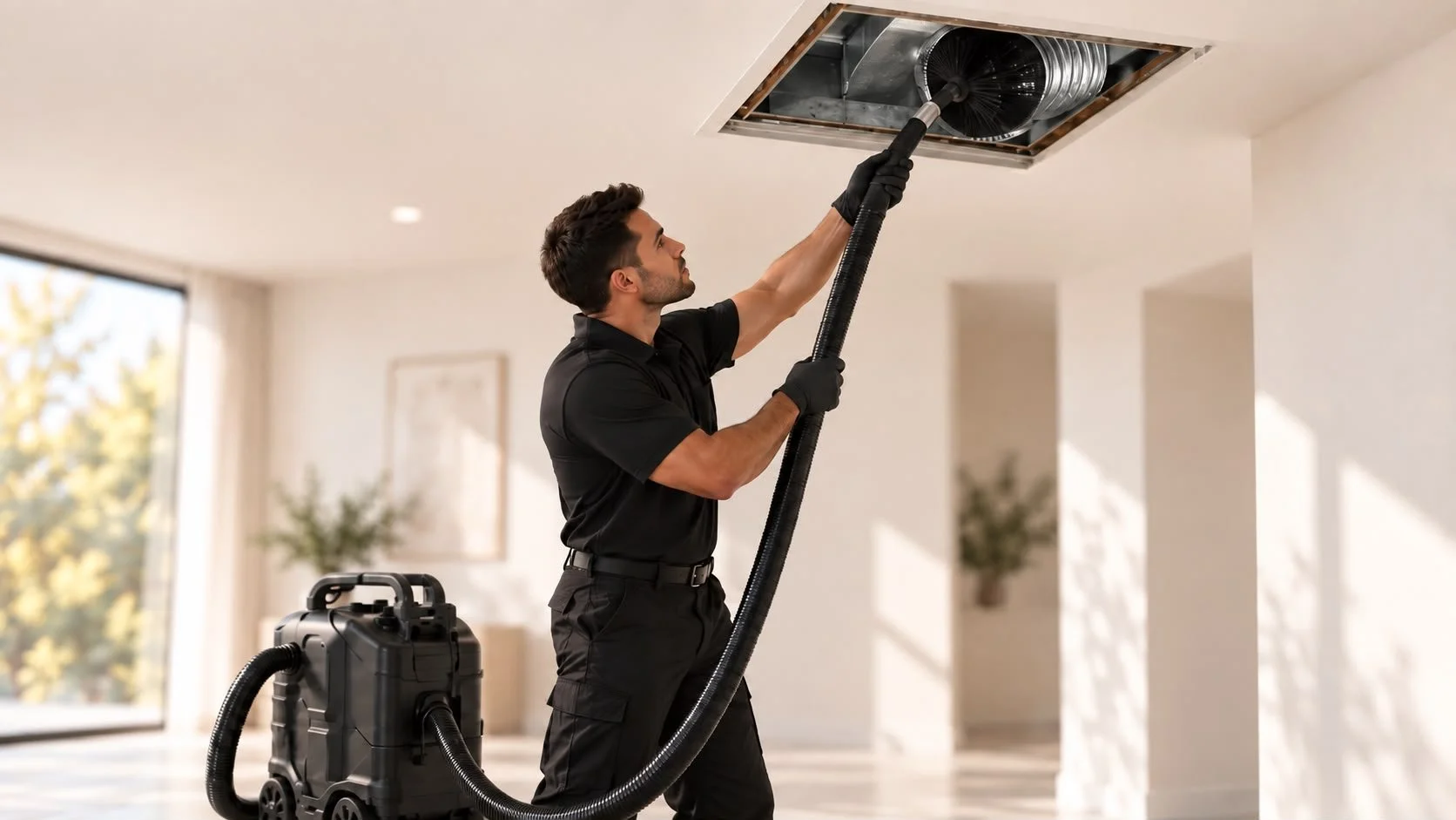 Technician cleaning an air duct vent on the ceiling