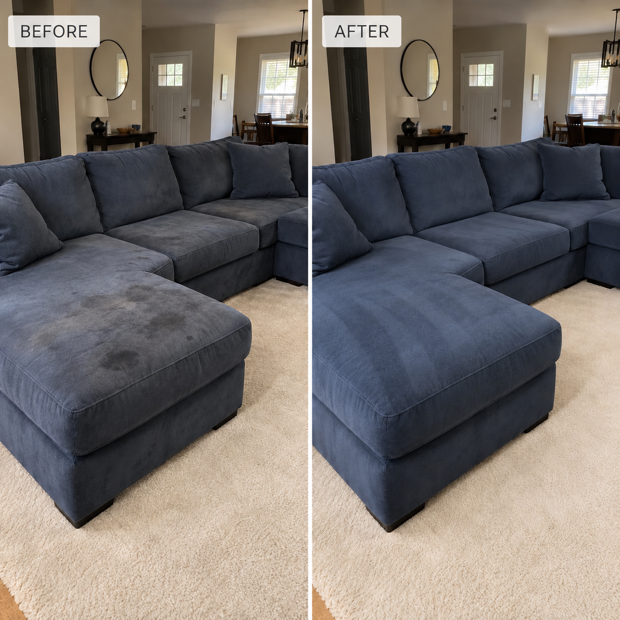 Before-and-after comparison of a blue sectional sofa showing stained upholstery before cleaning and refreshed, clean upholstery after cleaning.