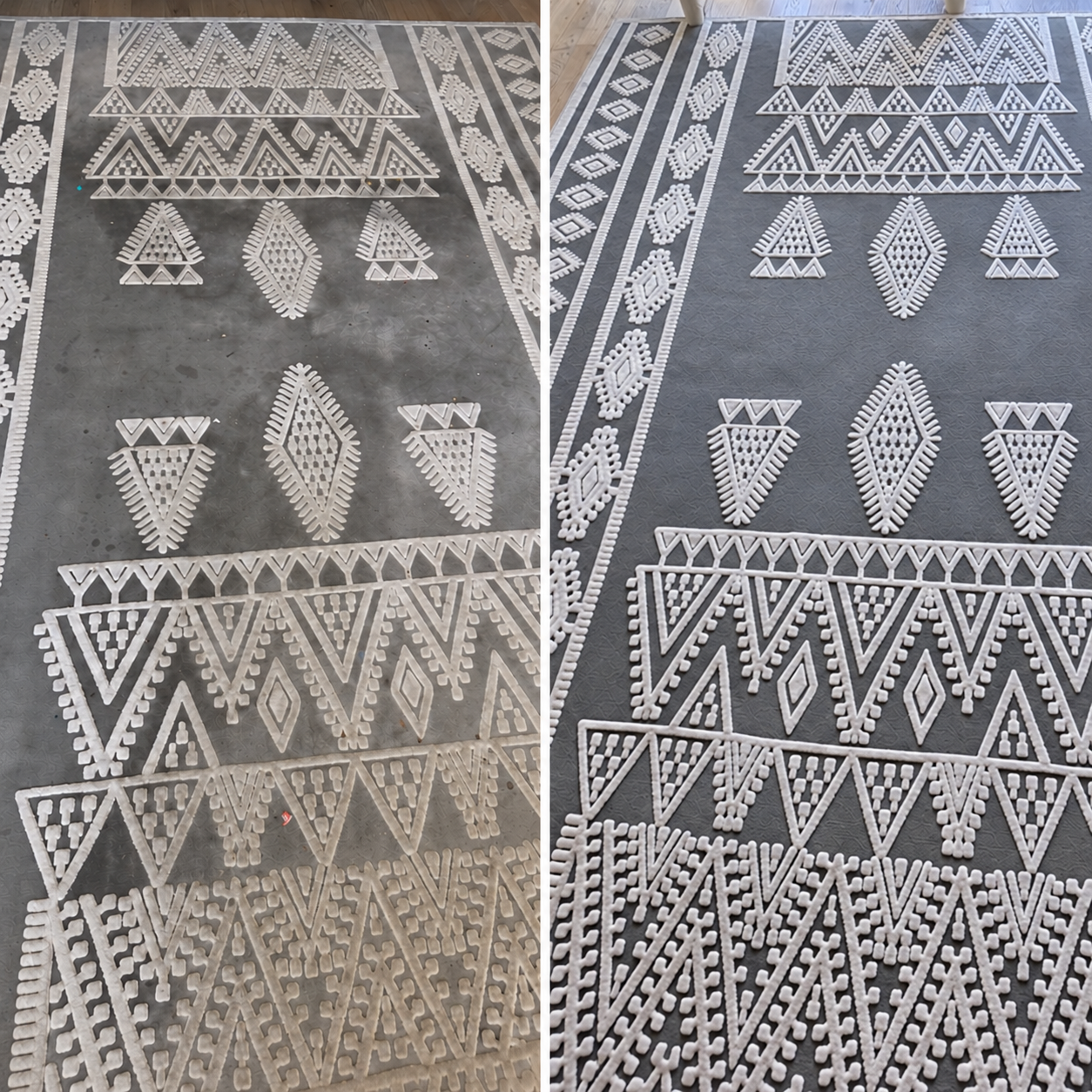 Close-up before-and-after photos of a gray patterned area rug, showing the rug before and after cleaning