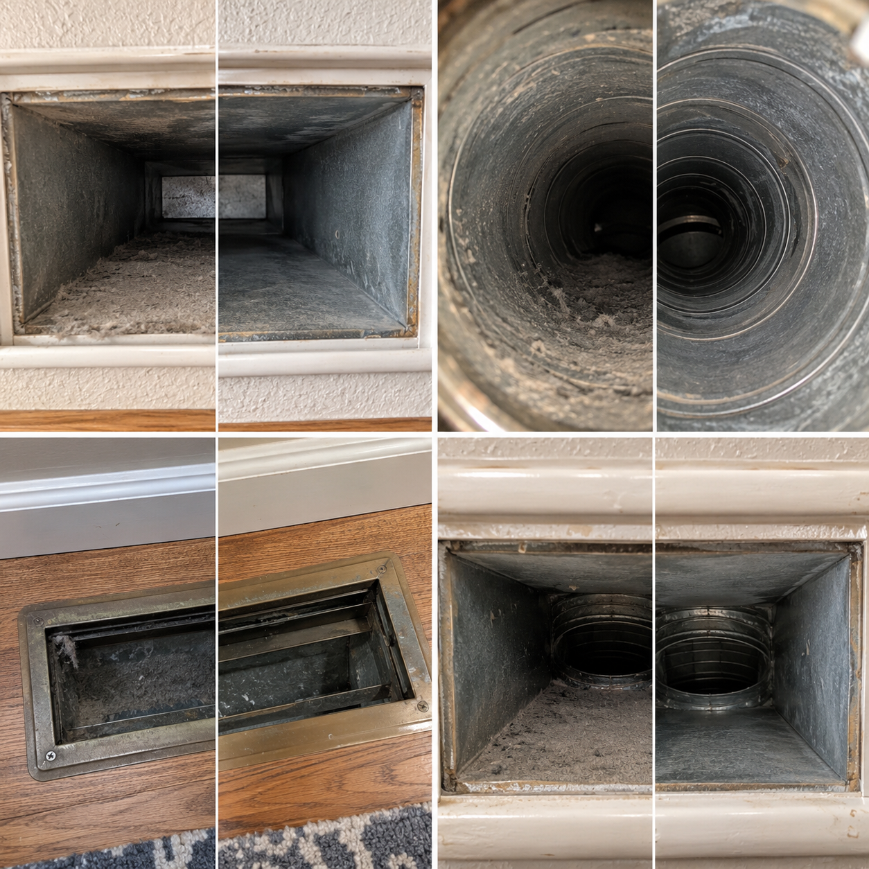 Air duct and vent cleaning before and after, four examples