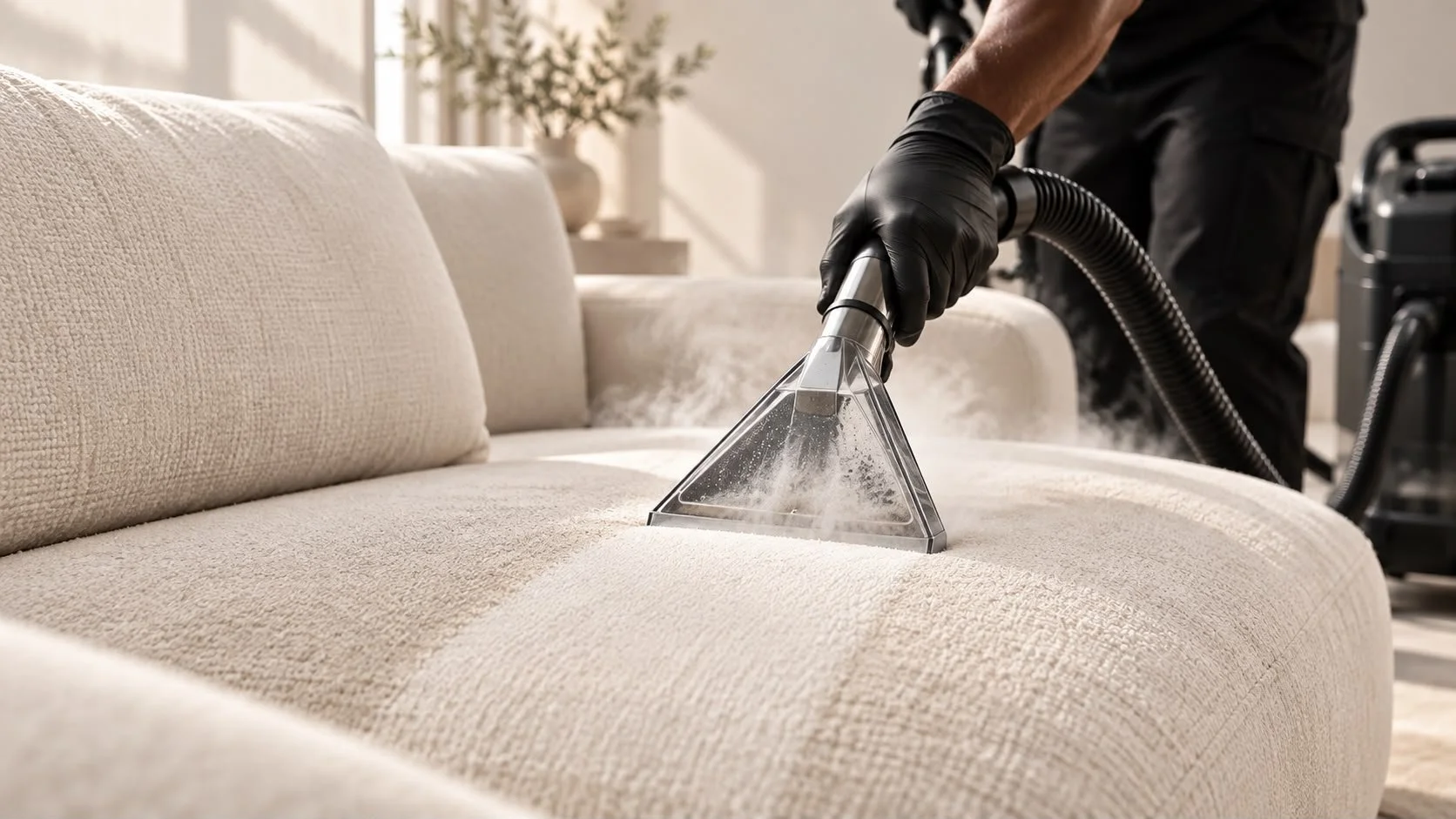 Technician deep cleaning a sofa with an upholstery extractor