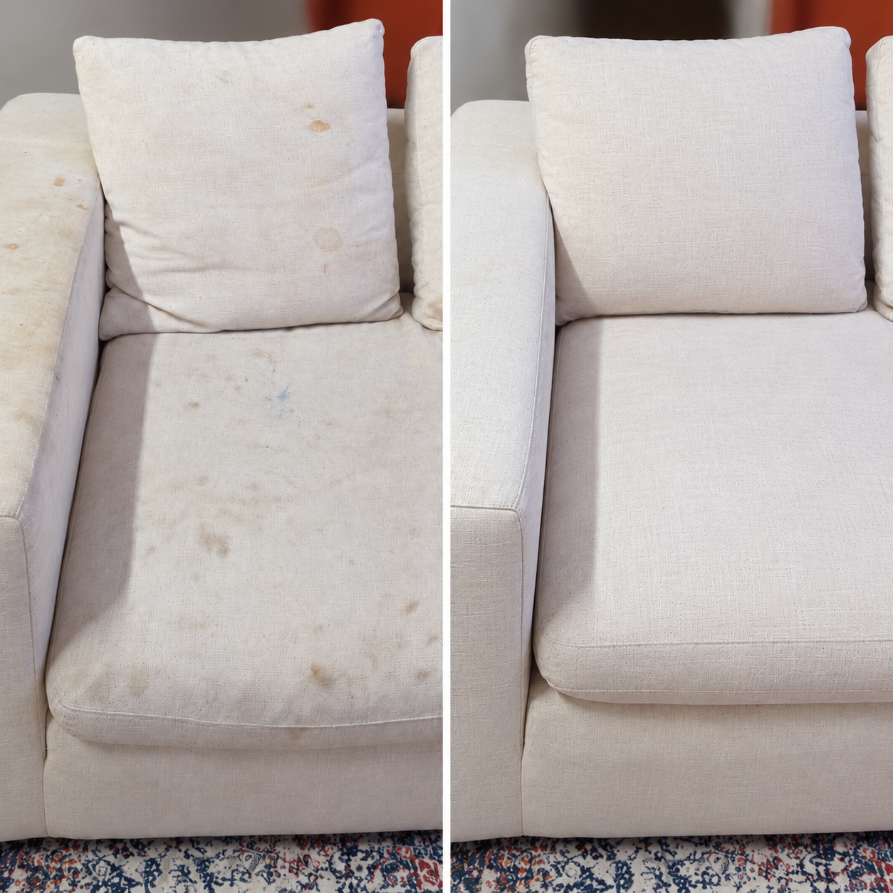 Square before-and-after close-up of a beige sofa, showing upholstery stains before cleaning