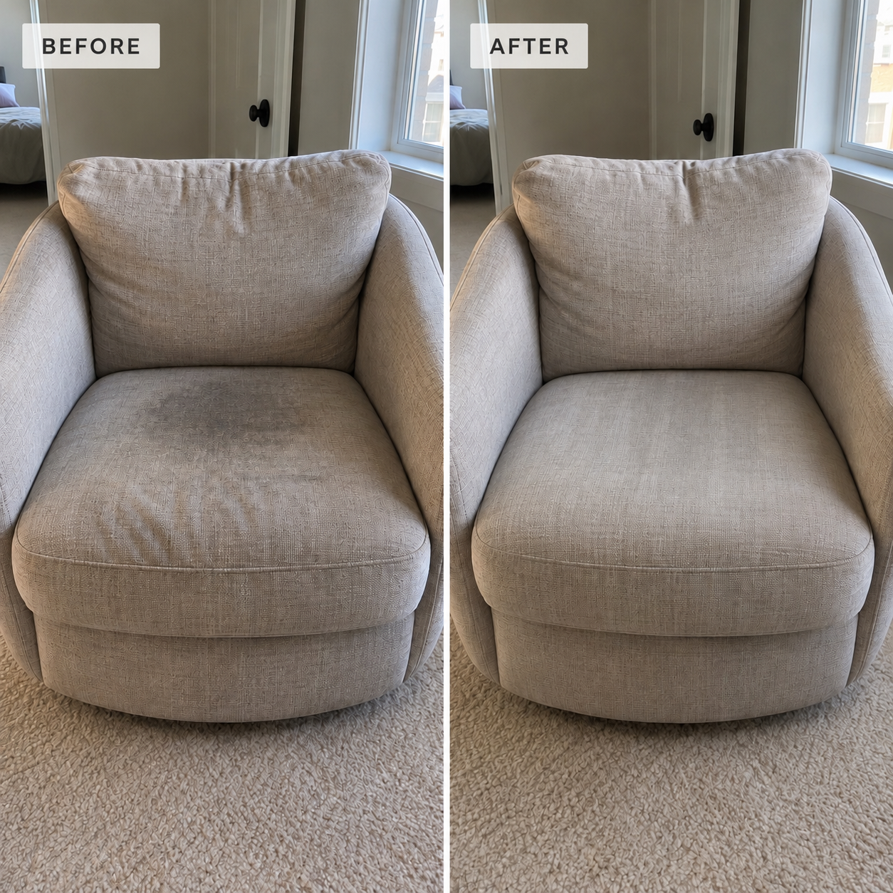 Before-and-after comparison of a light beige upholstered armchair, showing a stained seat cushion before cleaning and a refreshed cushion afterward.