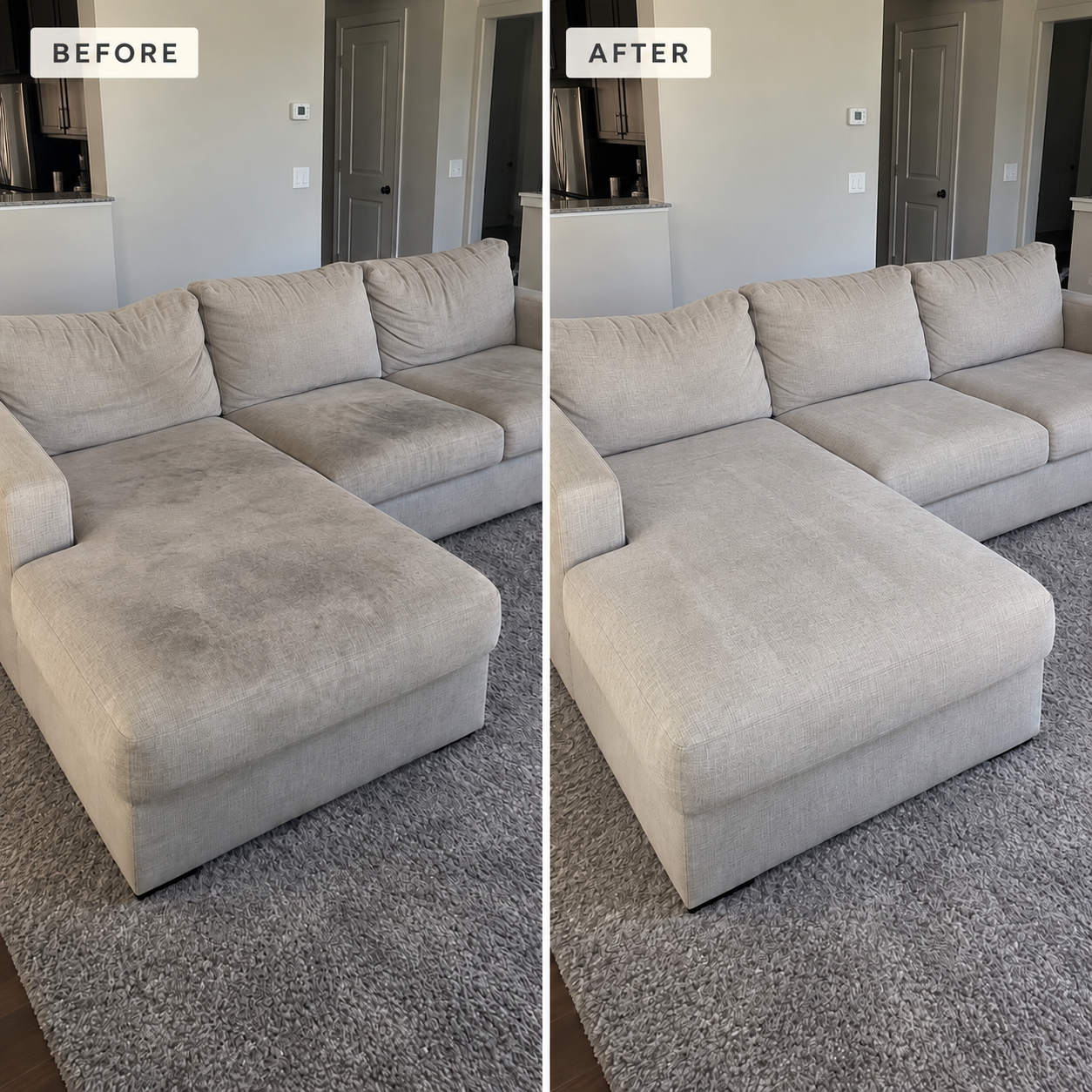 Before-and-after comparison of a light gray sectional sofa showing stained upholstery before cleaning and refreshed fabric after cleaning.