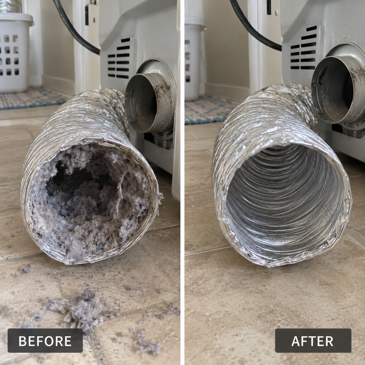 Before-and-after comparison of a dryer vent hose showing heavy lint buildup before cleaning and a clean interior afterward.
