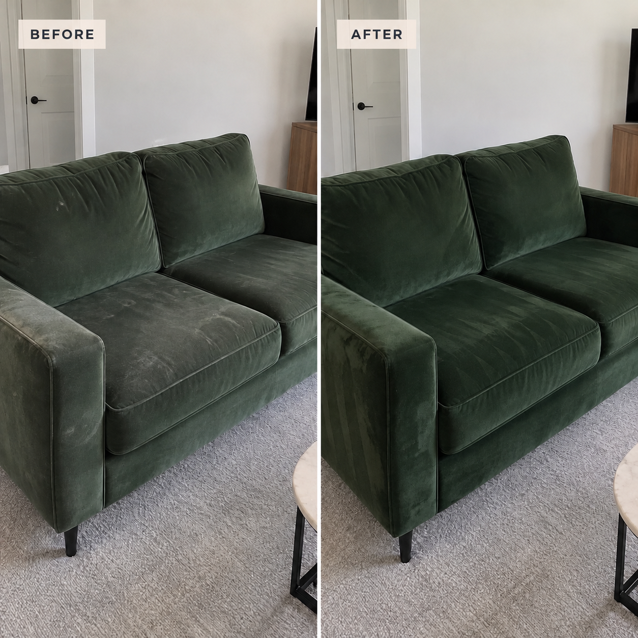 Before and after upholstery cleaning of a dark green sofa.