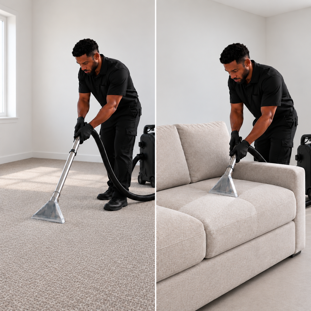 Professional cleaner deep cleaning a carpet and an upholstered sofa