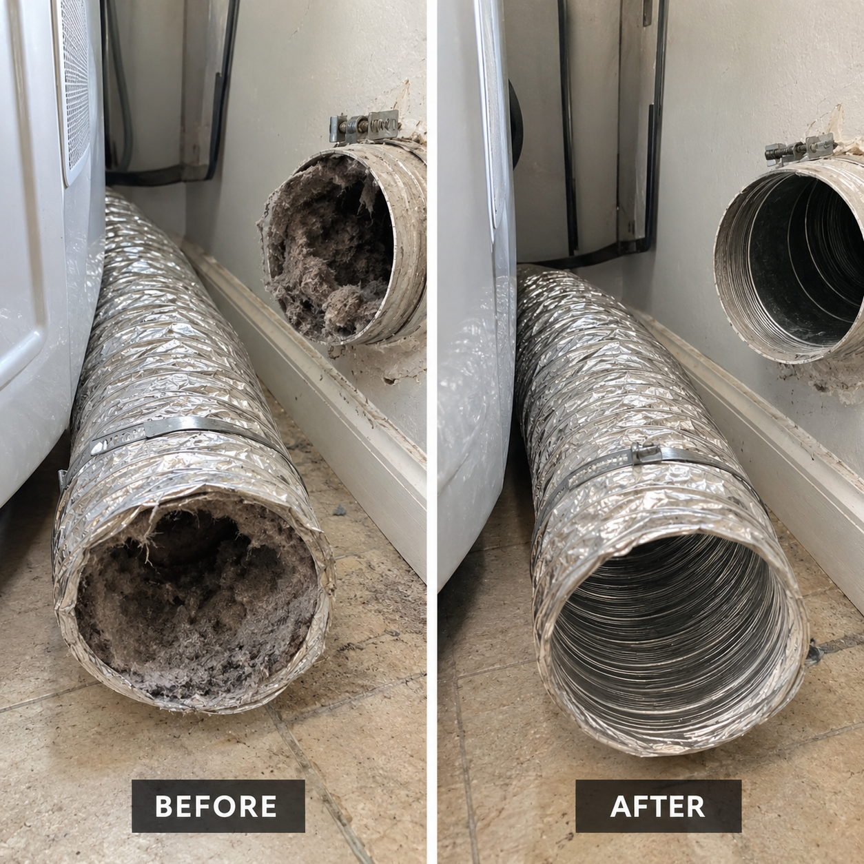 Before-and-after comparison of a dirty and cleaned flexible HVAC air duct.