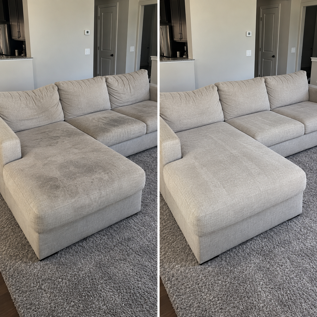 Light beige sectional sofa before and after upholstery cleaning