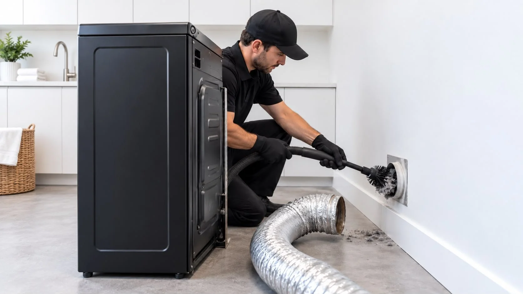 Technician cleaning a dryer vent behind a dryer