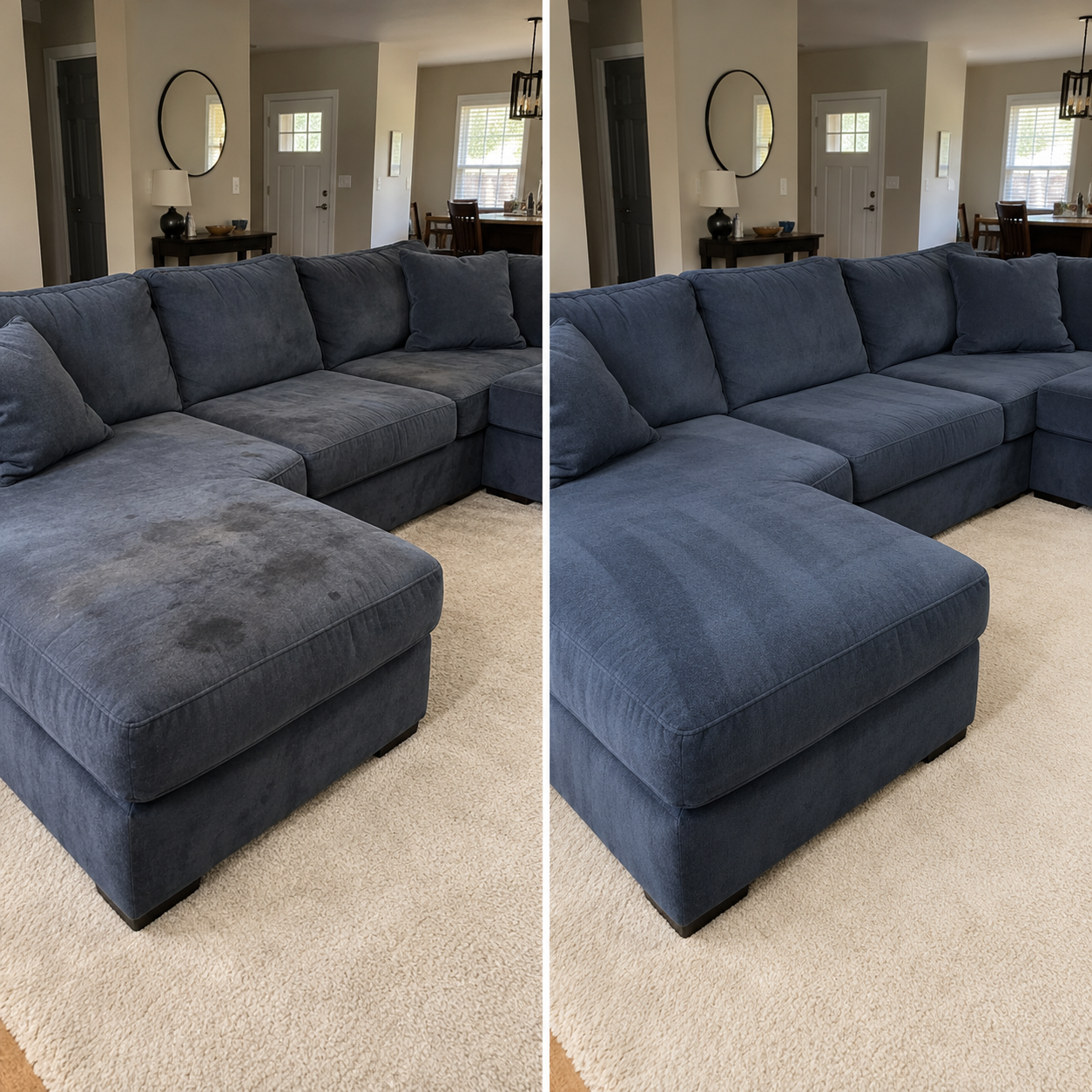 Fabric sectional sofa before and after upholstery cleaning