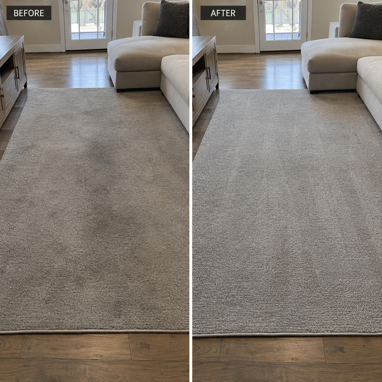 Before-and-after comparison of a cleaned gray area rug in a living room