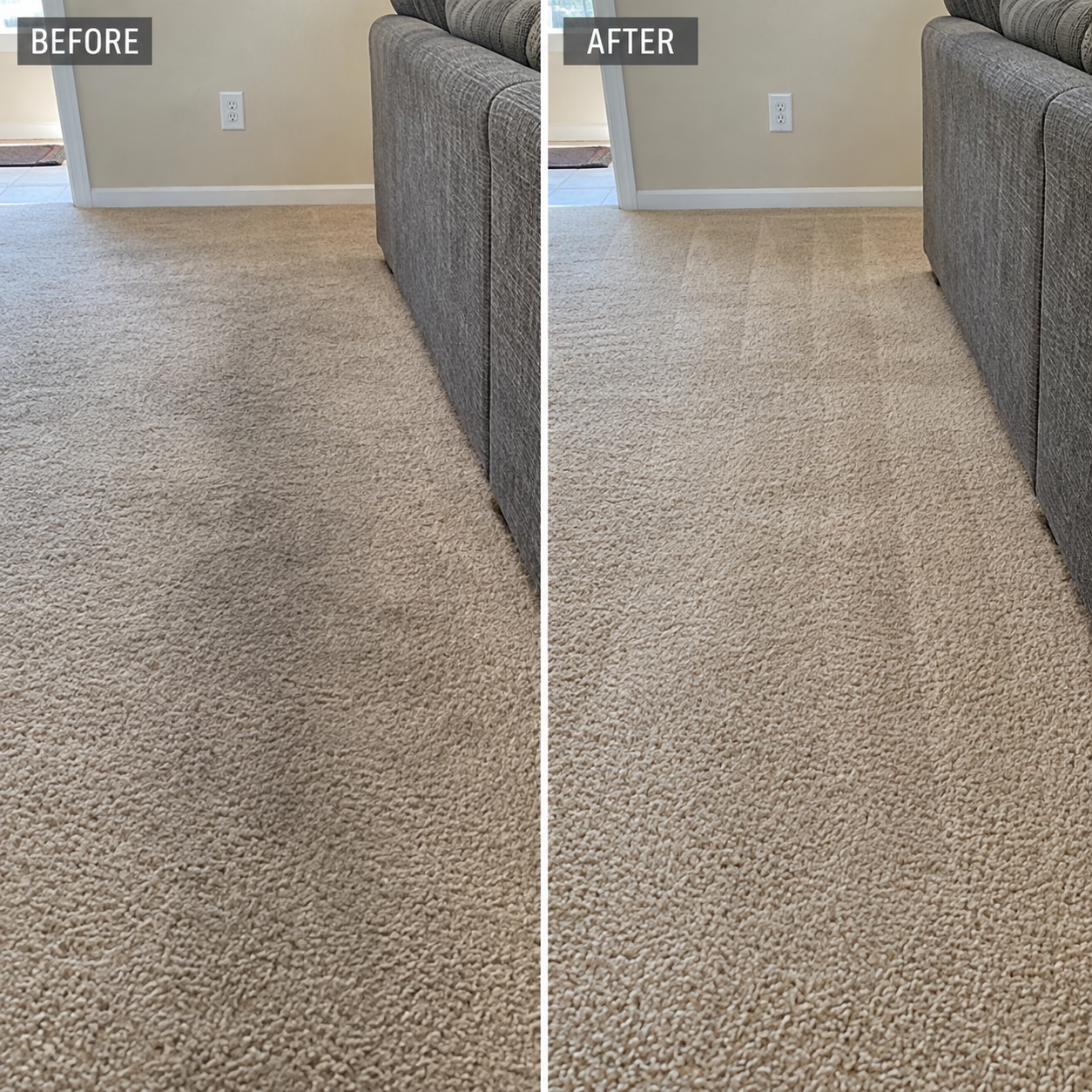 Before-and-after comparison of beige carpet cleaning beside a gray sofa, showing visibly refreshed carpet fibers after cleaning.