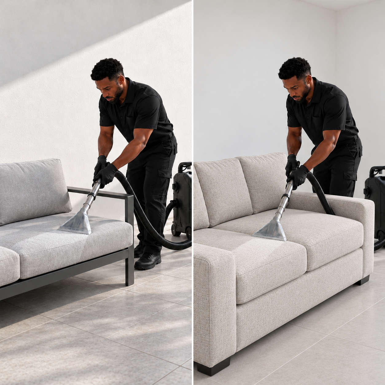Technician deep cleaning an outdoor sofa and an indoor sectional sofa