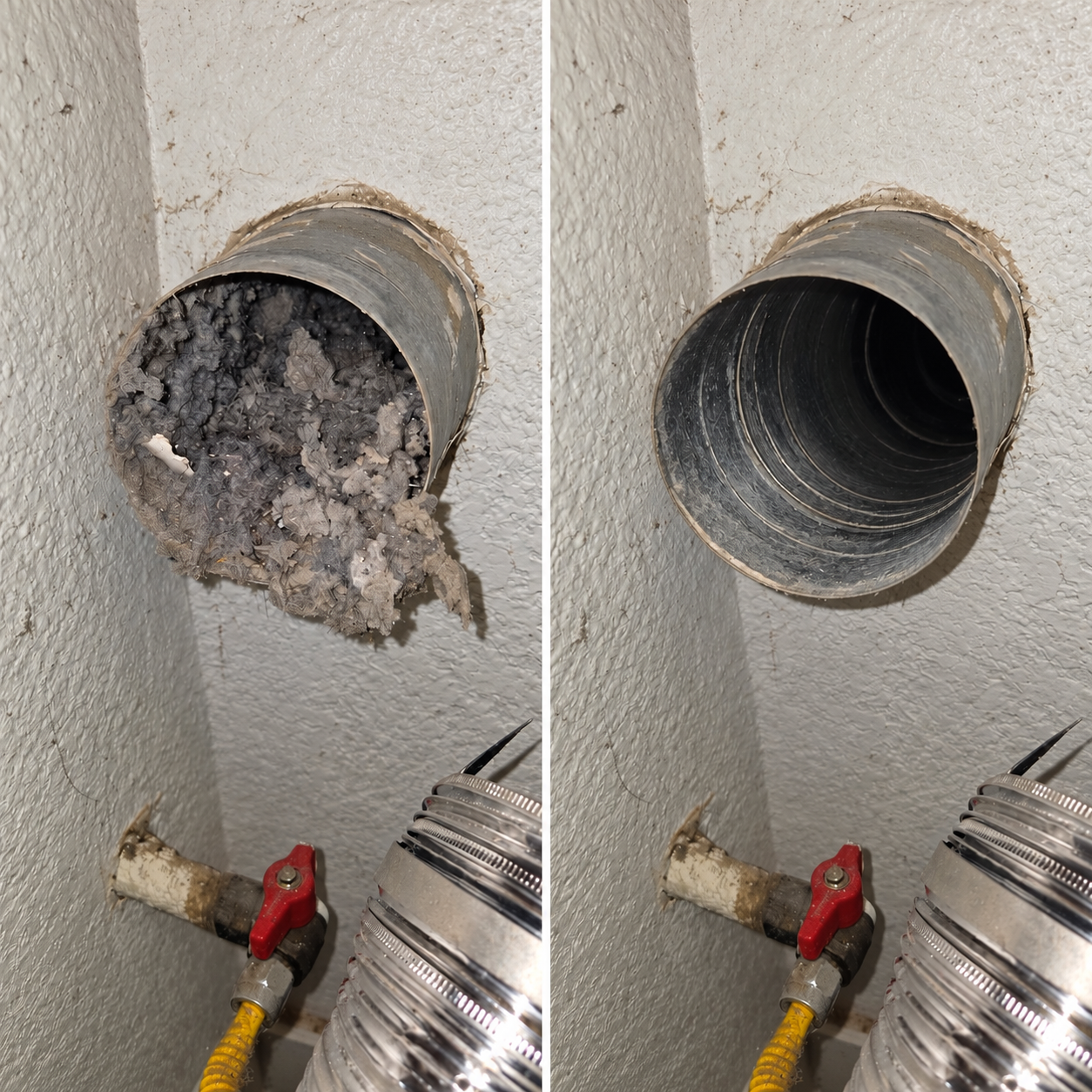 Square before-and-after photos of a dryer vent with lint buildup before