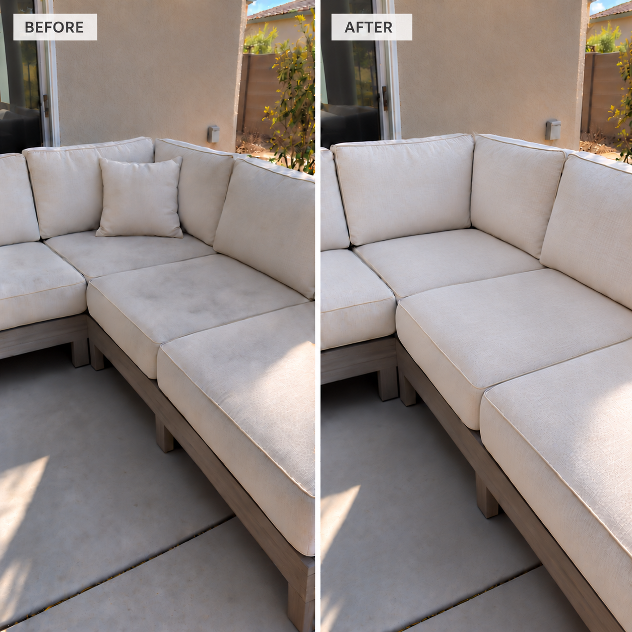 Cream outdoor sectional sofa before and after cleaning on a patio