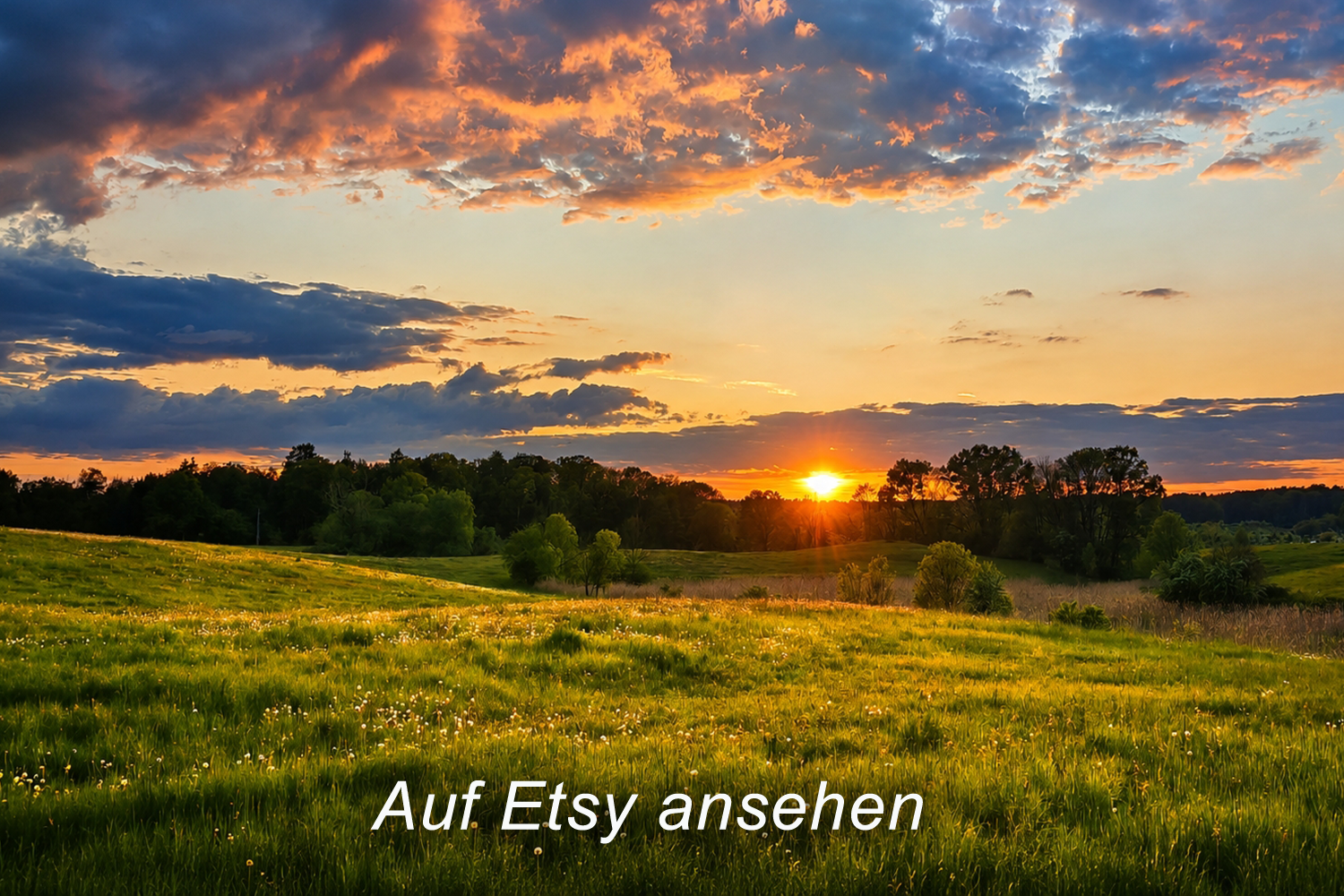 Sonnenuntergang über einer grünen Wiesenlandschaft mit Bäumen, blauen und orangefarbenen Wolken am Himmel. Exklusives Foto auf Leinwand bei Etsy