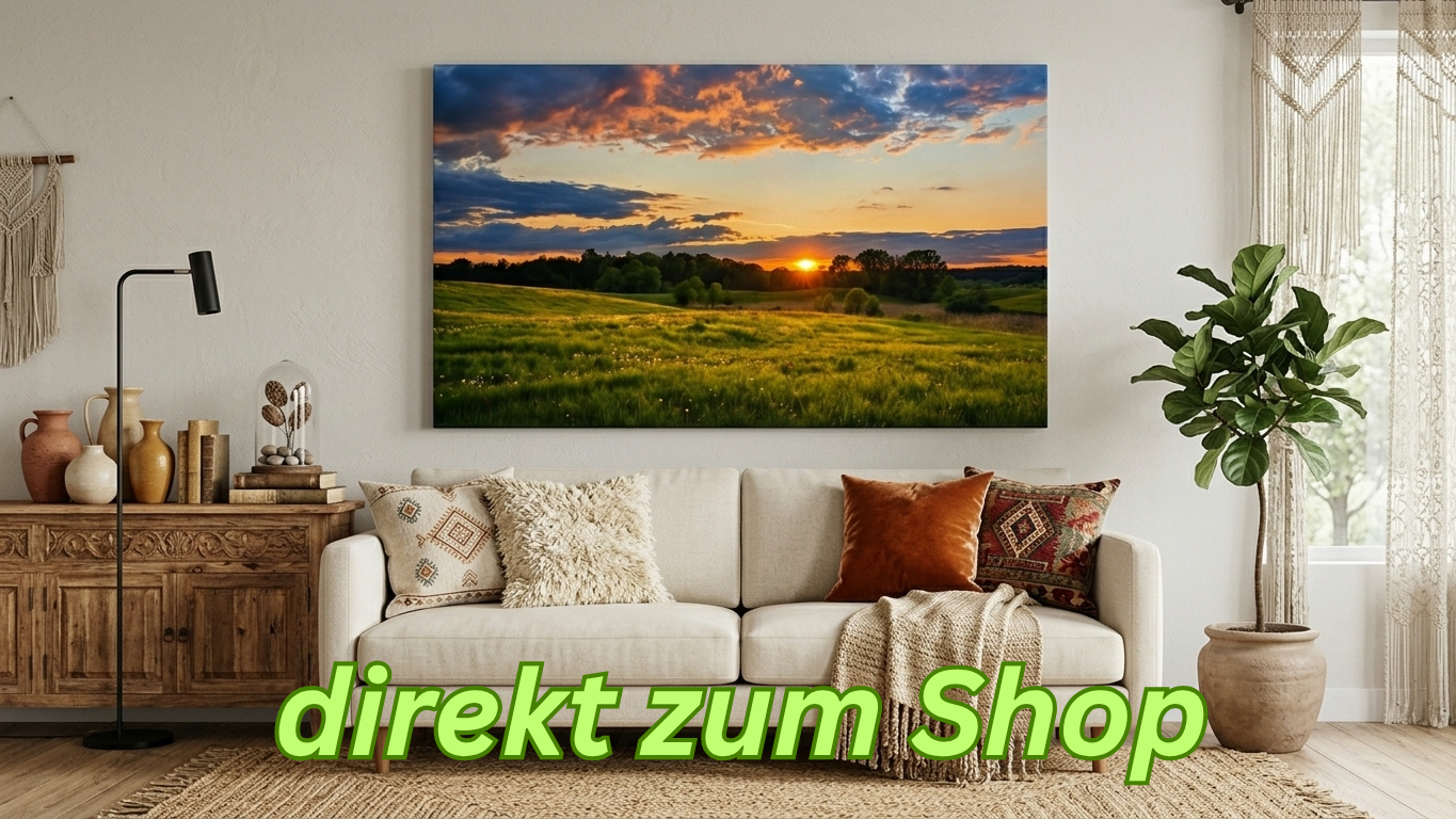 Gemütliches Wohnzimmer im skandinavischem Stil mit einem Leinwandbild eines Sonnenuntergangs über einer grünen Wiese.