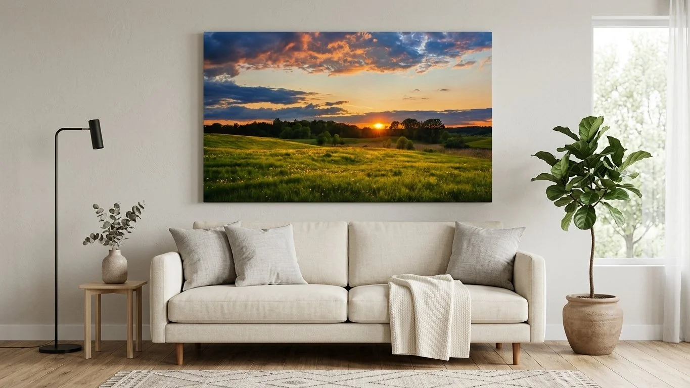 Wohnzimmer mit weißem Sofa, weißen Kissen, einem kleinen Beistelltisch mit Heizung und Topfpflanze, große Wandkunst mit Sonnenuntergang über einer grünen Wiese, Fenster mit Blick ins Freie.