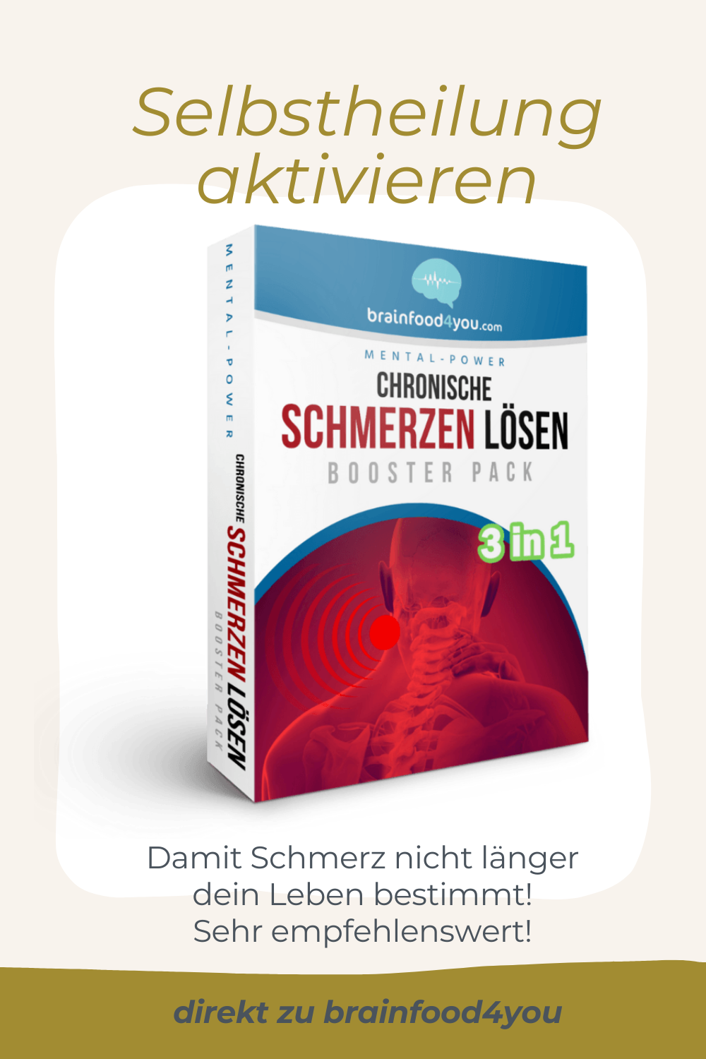 Werbeabbild für ein Produktpaket zur Linderung chronischer Schmerzen, mit einem menschlichen Nacken und einem rot hervorgehobenen Schmerzpunkt, und dem Text 'Selbstheilung aktivieren'. mit Affiliate-Link