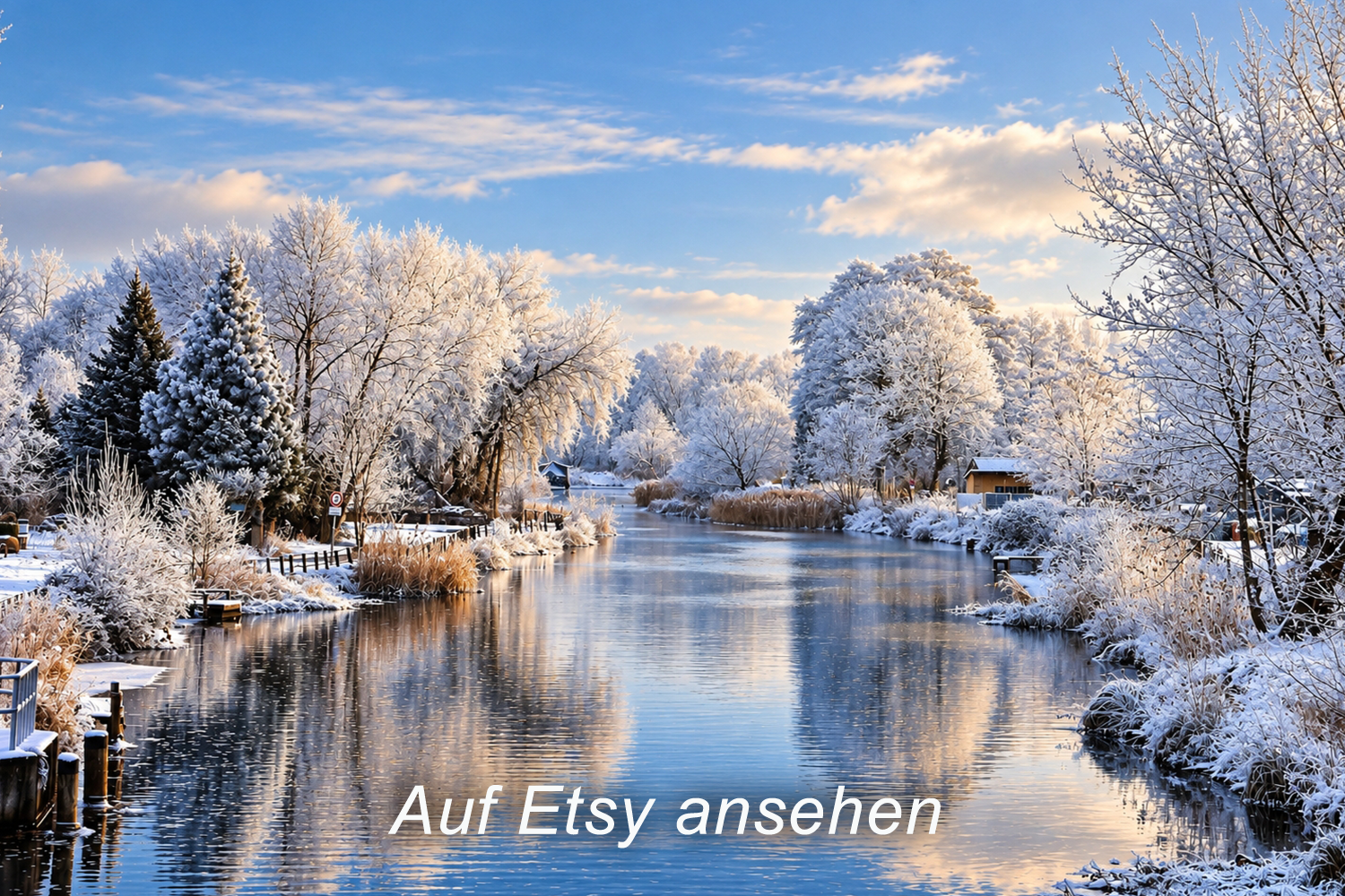 Winterliche Landschaft mit Schnee bedeckten Bäumen und einem Fluss, unter einem blauen Himmel mit Wolken. Exklusives Foto auf Leinwand bei Etsy