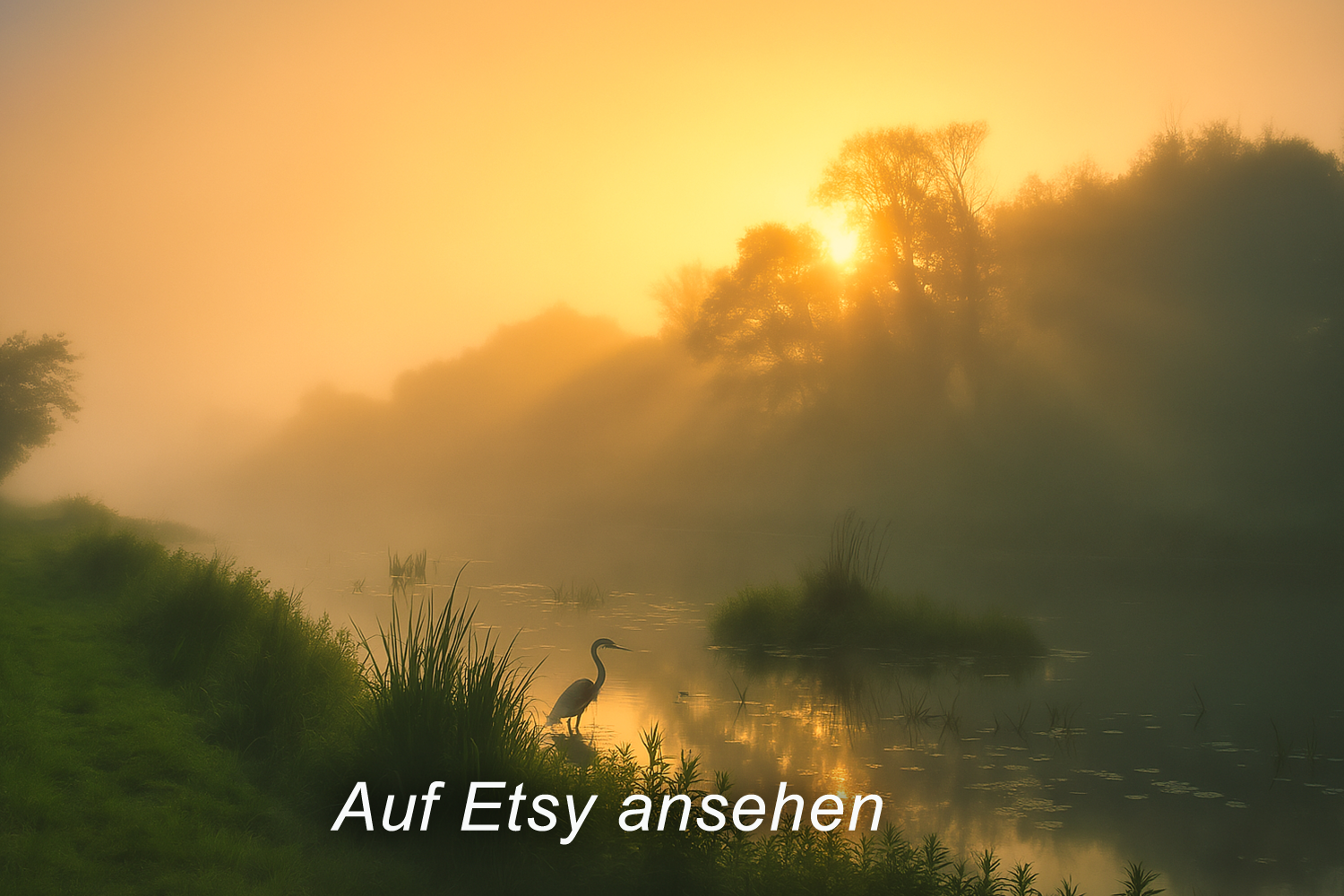 Dämmerung an einem Fluss mit einem Kran, Pflanzen und Bäumen im Nebel, Sonnenaufgang im Hintergrund. Exklusives Foto auf Leinwand bei Etsy