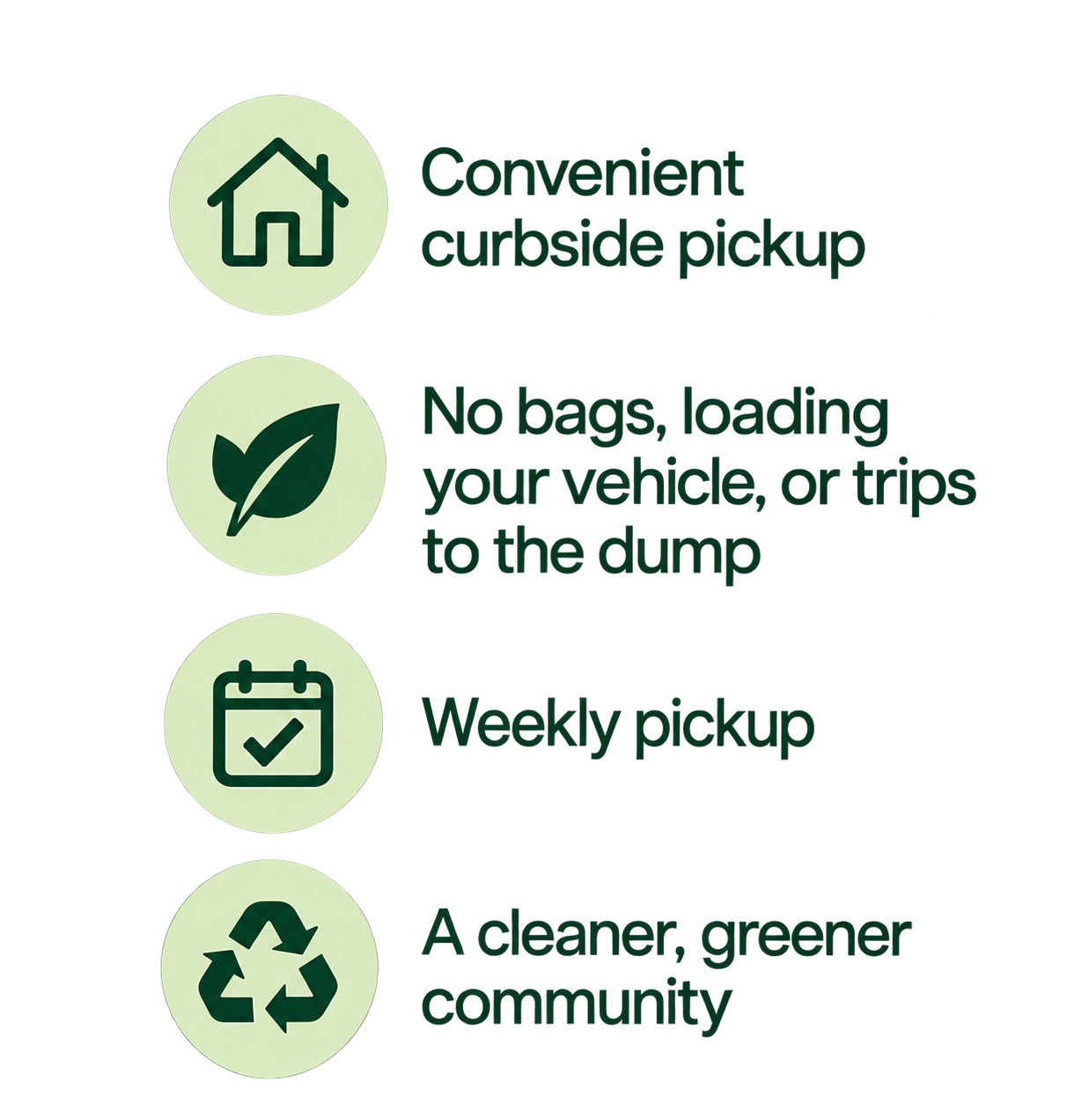 Icons and text promoting eco-friendly and convenient trash pickup services. The icons include a house, a leaf, a calendar with a checkmark, and recycling symbols. The text emphasizes curbside pickup, no bags or trips to the dump, weekly service, and a cleaner community.