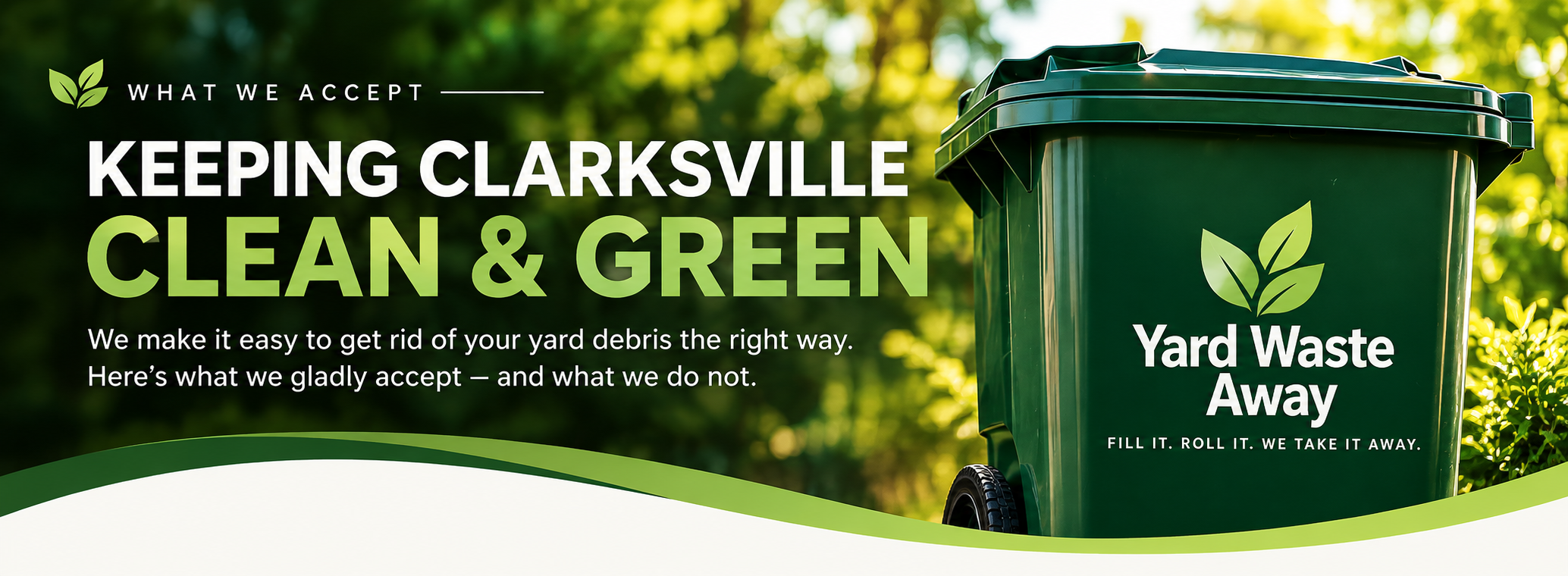 A green yard waste trash bin with a leaf logo and white text, set outdoors with trees and sunlight in the background, promoting eco-friendly yard debris disposal.