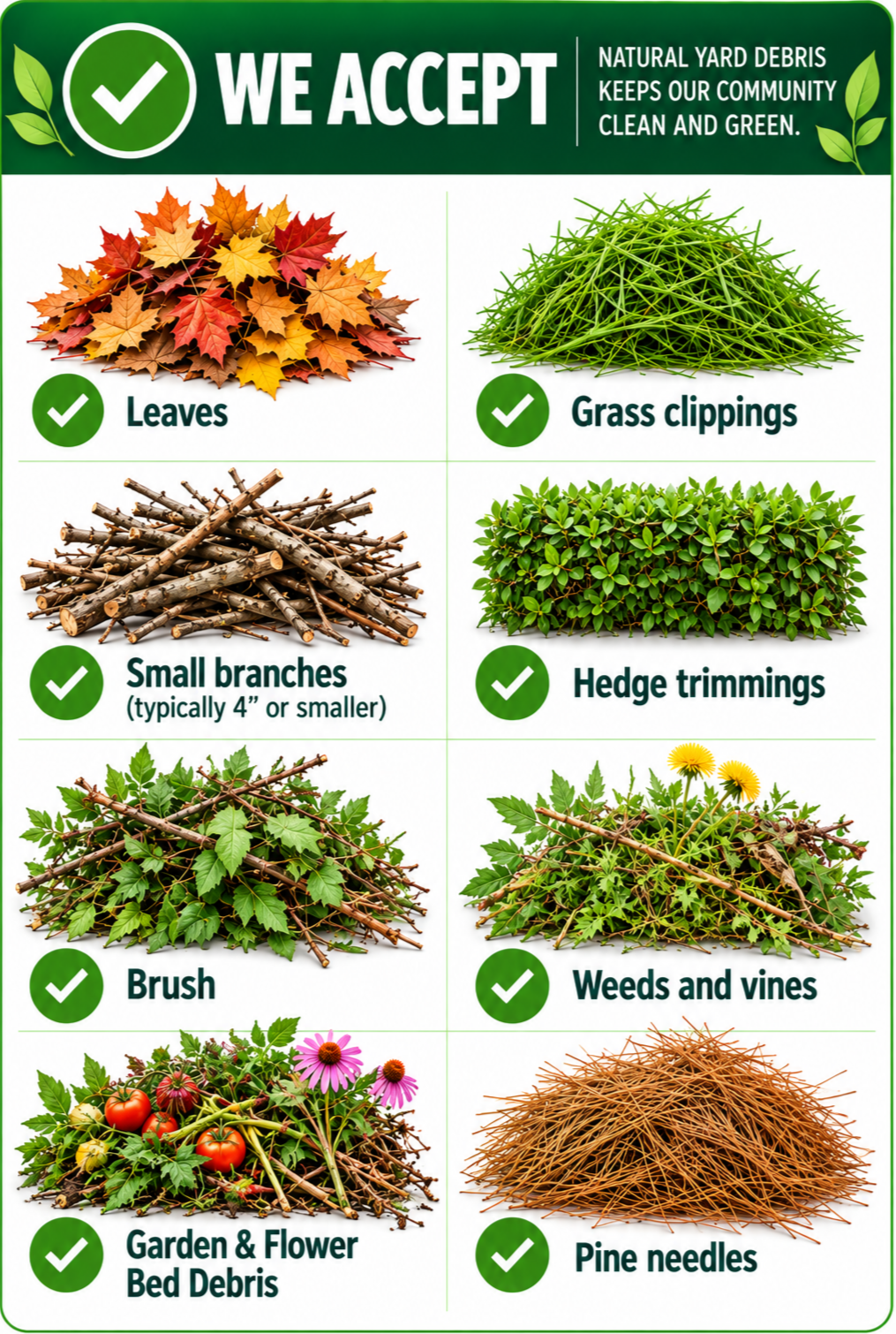Sign indicating acceptance of natural yard debris including leaves, grass clippings, small branches, hedge trimmings, brush, weeds and vines, garden and flower bed debris, and pine needles to keep community clean and green.