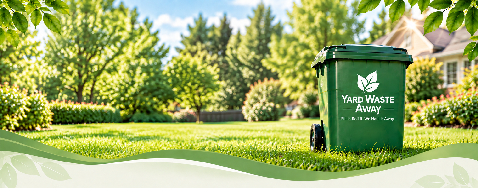 Green yard waste bin with 'Yard Waste Away' logo in a lush backyard with trees, shrubs, and a house in the background on a sunny day.
