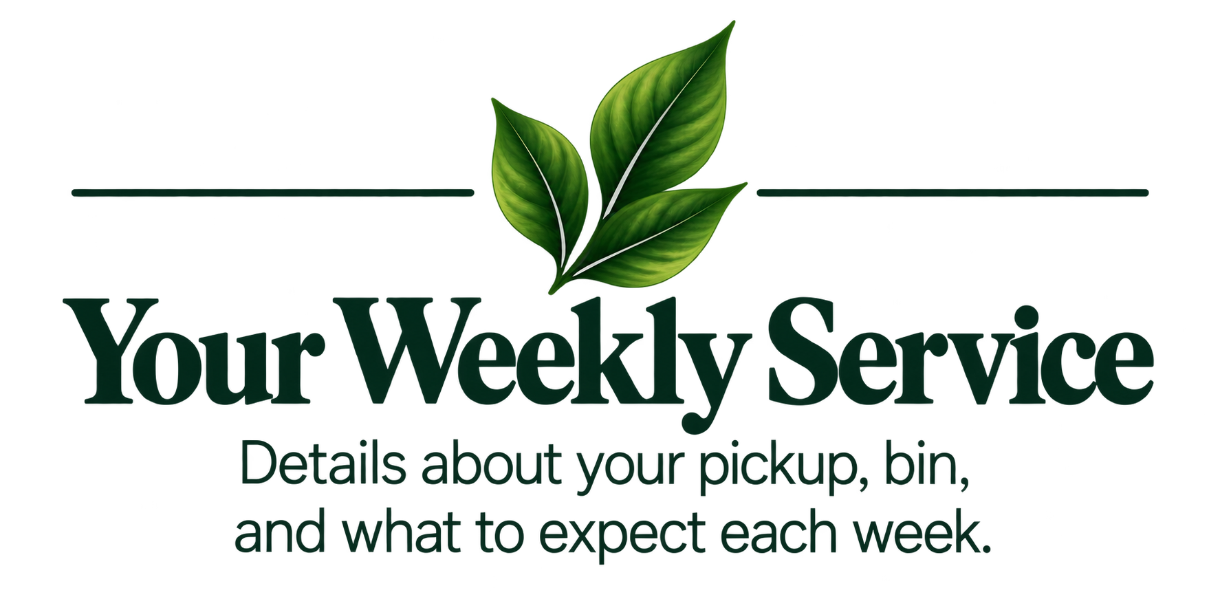 A logo for Your Weekly Service featuring three green leaves and dark green text that reads 'Your Weekly Service' with a tagline below: 'Details about your pickup bin, and what to expect each week.'