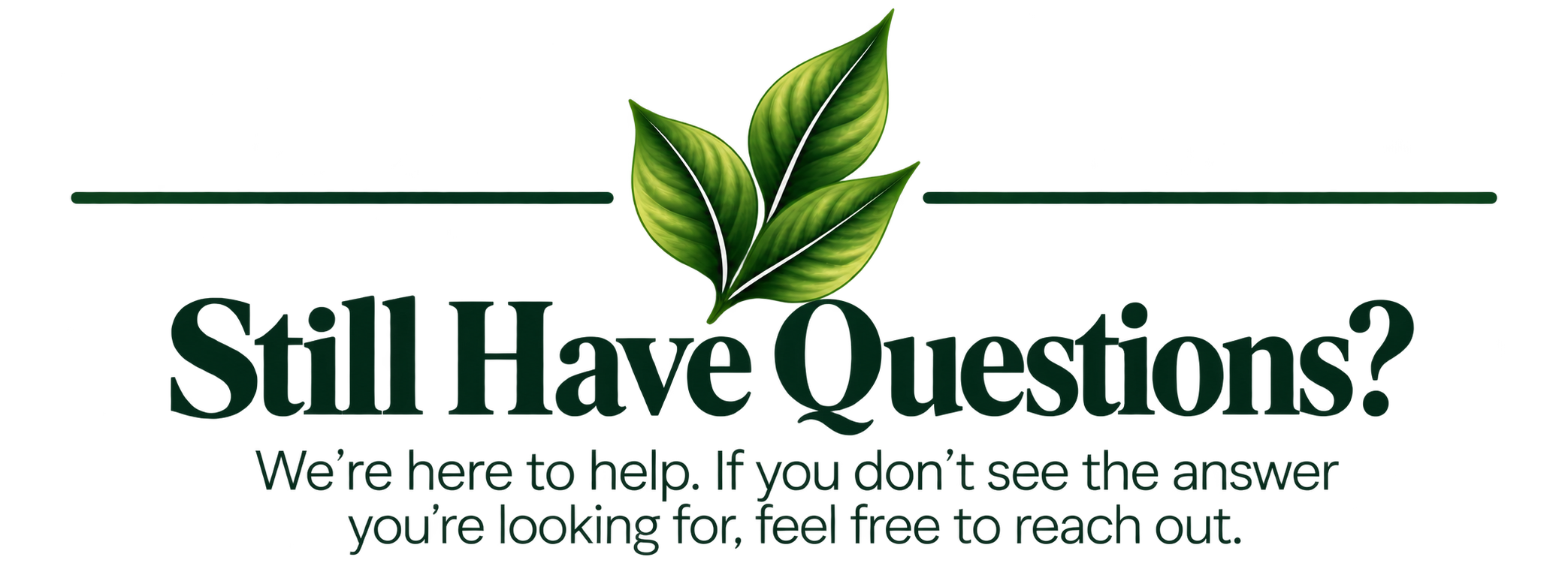 Logo with green leaves above the text 'Still Have Questions?' and smaller text 'We're here to help. If you don't see the answer you're looking for, feel free to reach out.'