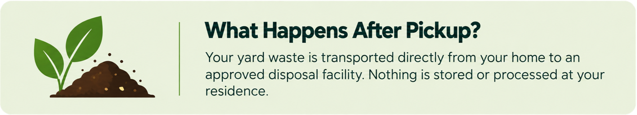 A graphic with a green background and an illustration of a plant sprouting from soil on the left. The text reads: "What Happens After Pickup? Your yard waste is transported directly from your home to an approved disposal facility. Nothing is stored or processed at your residence."