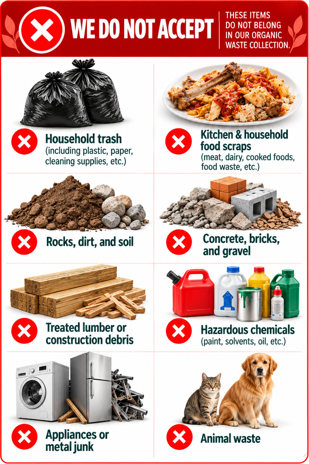 Signs indicating items not accepted at organic waste collection, including household trash, kitchen and household food scraps, rocks, dirt, soil, treated lumber, construction debris, appliances, metal junk, hazardous chemicals, animal waste, and pet animals.