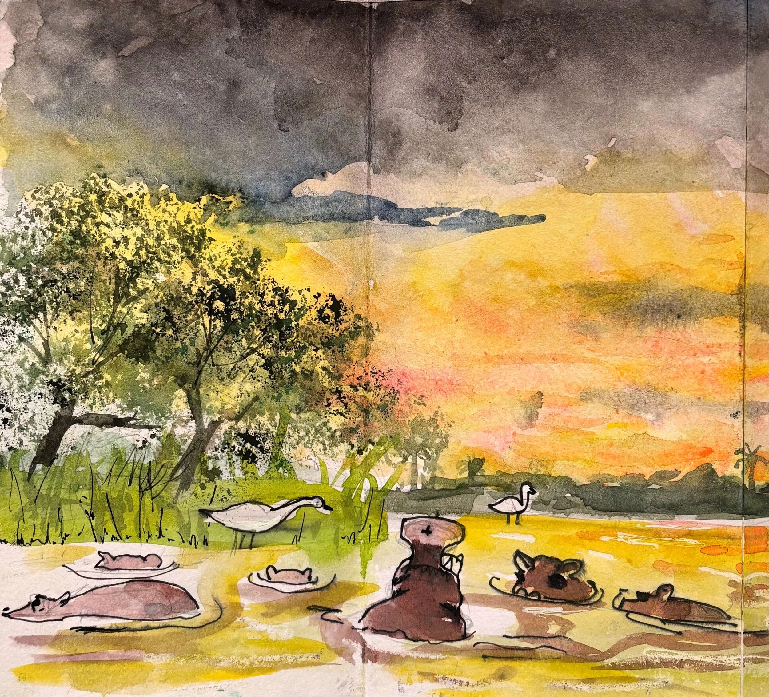 Watercolor painting of a natural landscape featuring trees, grass, rocks, a river with swans, and mountains in the background under a cloudy sky.