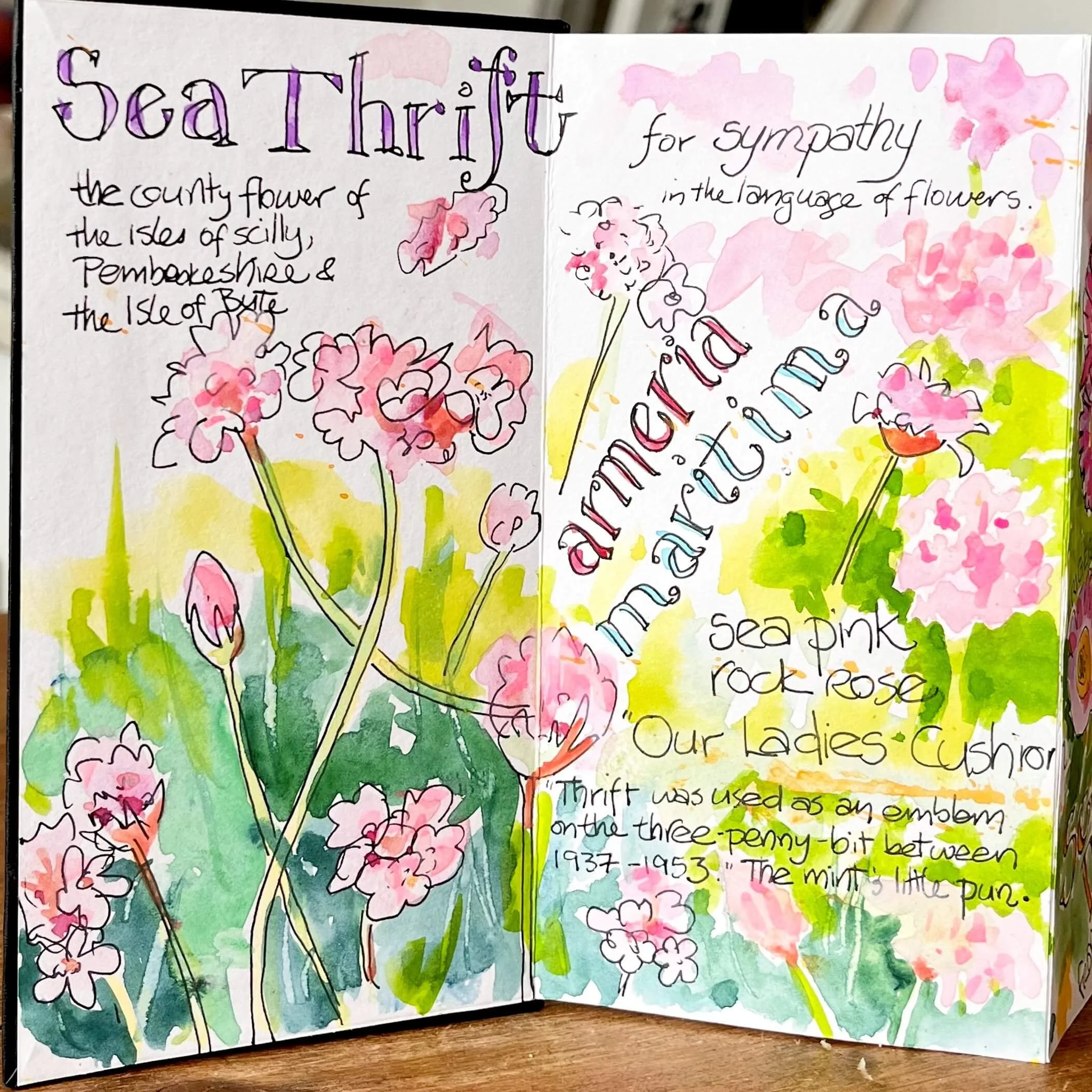 A colorful illustrated open book with handwritten notes, drawings of pink flowers, and watercolor background in green and blue shades.