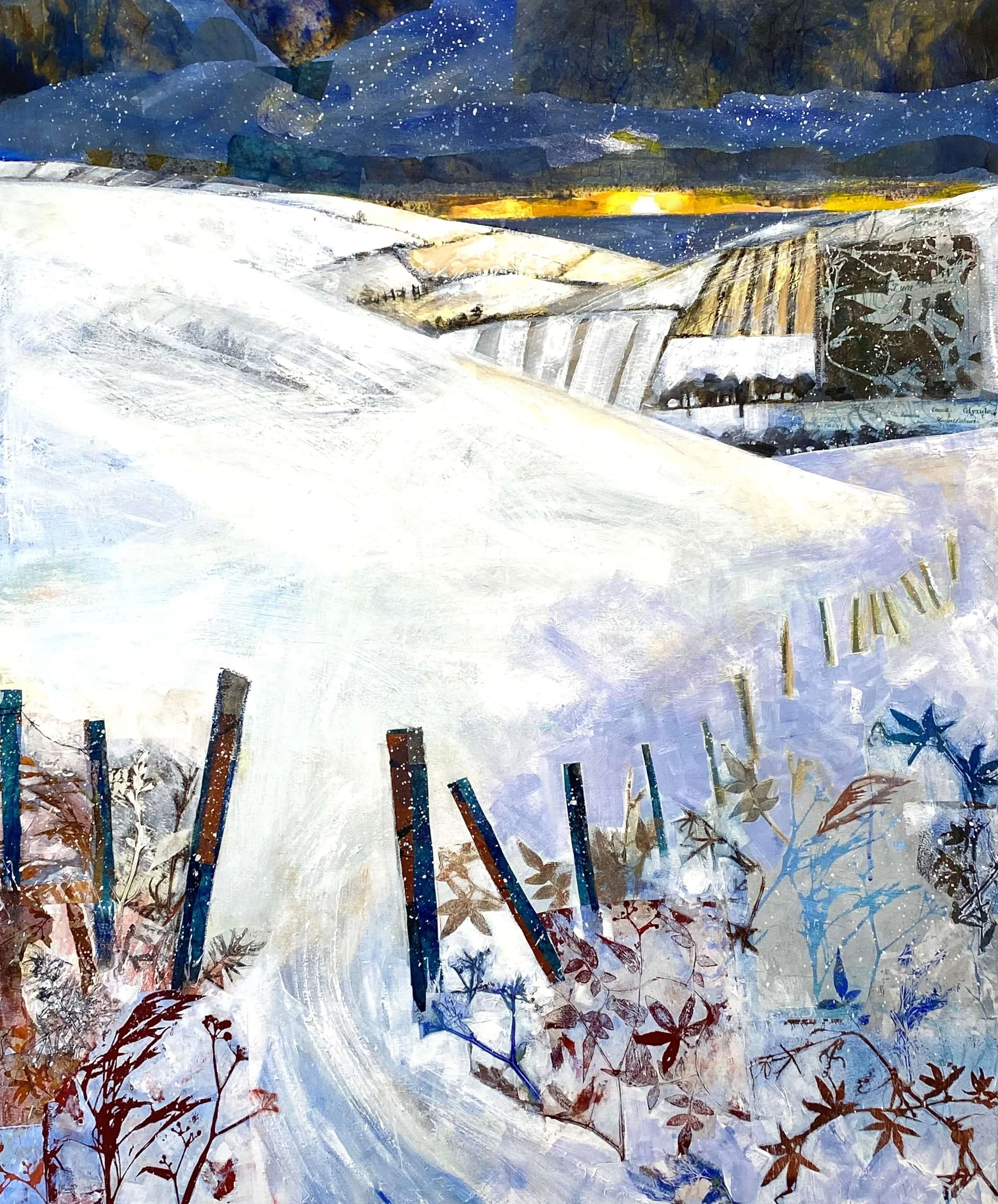 Colorful landscape painting of snowy hills, trees, and a starry night sky with mountains and a glowing horizon in the distance.