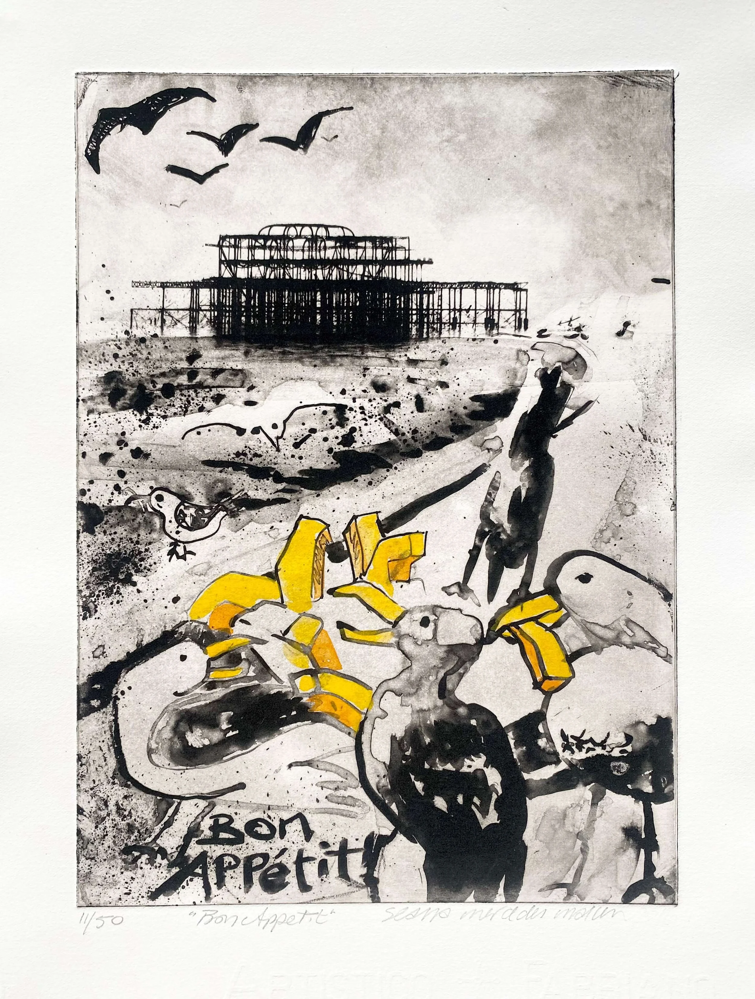 Black and white watercolor painting of a worn wooden seaside pier with birds flying above, scattered rocks, and a dog with bones. Text at the bottom reads 'Bon Appétit'.